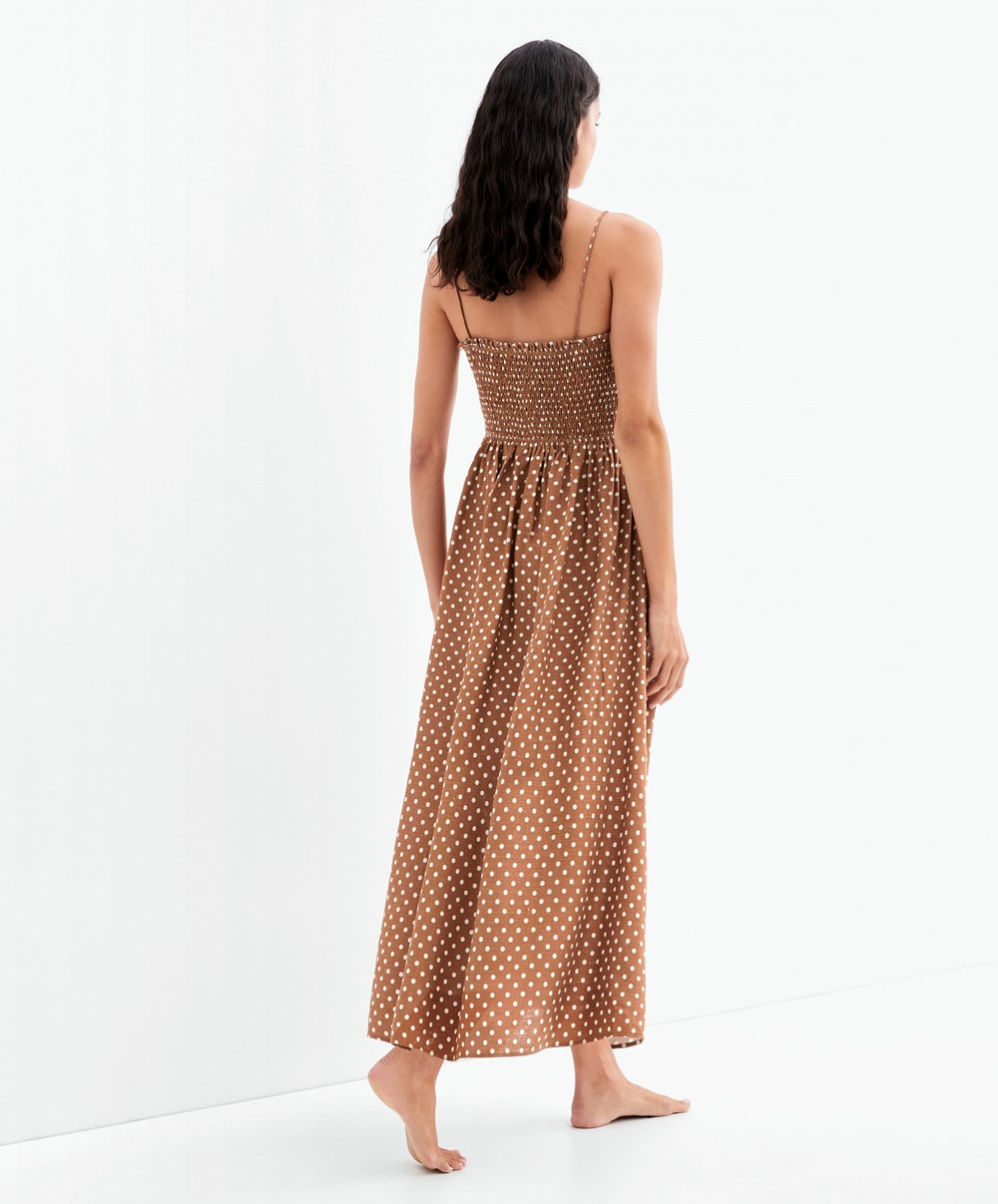 Oysho Pántos Ruched Polka Dot Ruha Caramel | KNXPWA-506