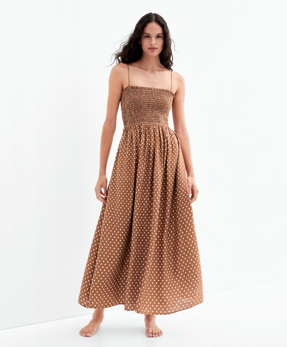 Oysho Pántos Ruched Polka Dot Ruha Caramel | KNXPWA-506