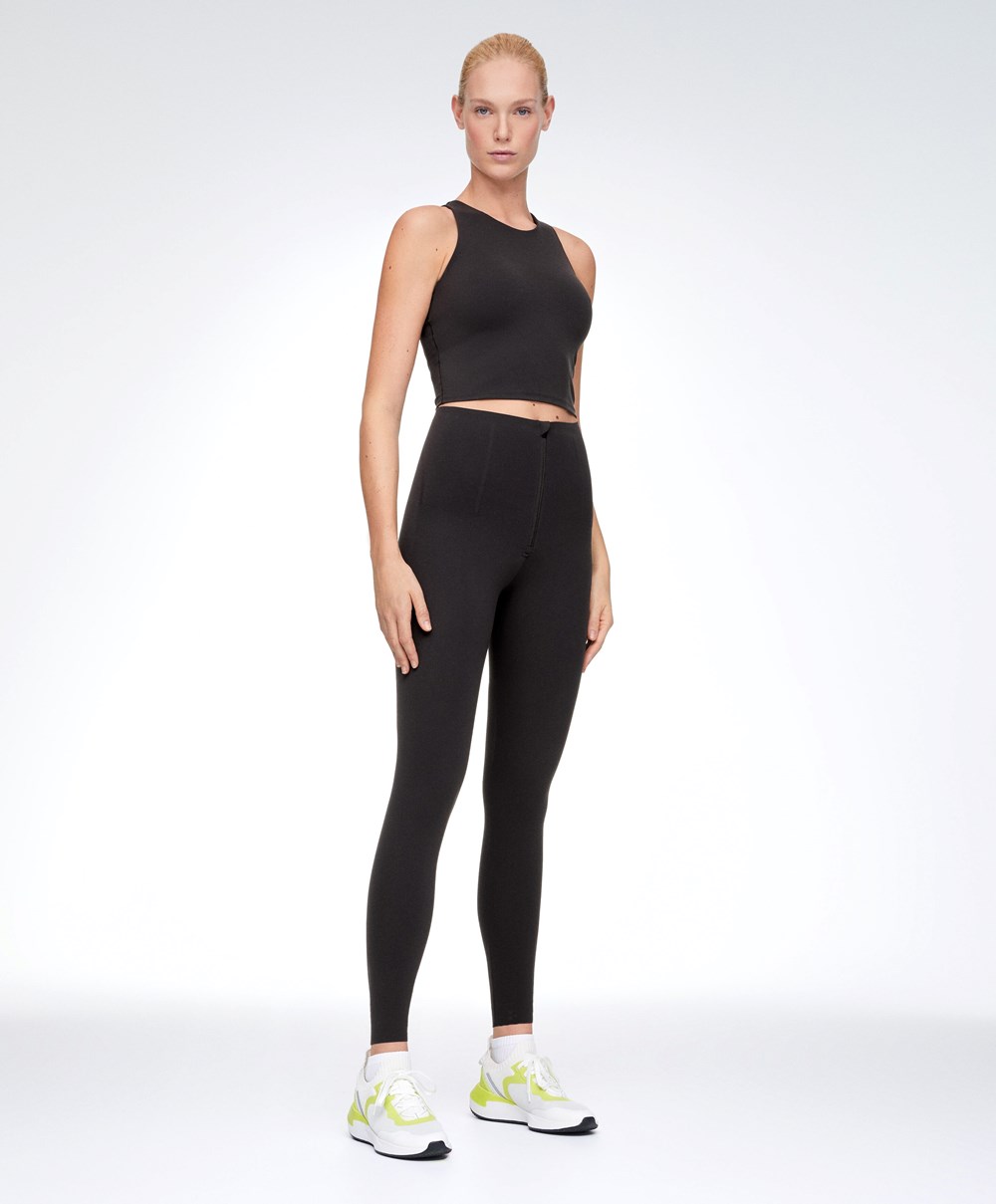 Oysho Raise Up Compressive Super-high-rise Ankle-length 65cm Leggings With Zip Fekete | PFYLOR-264