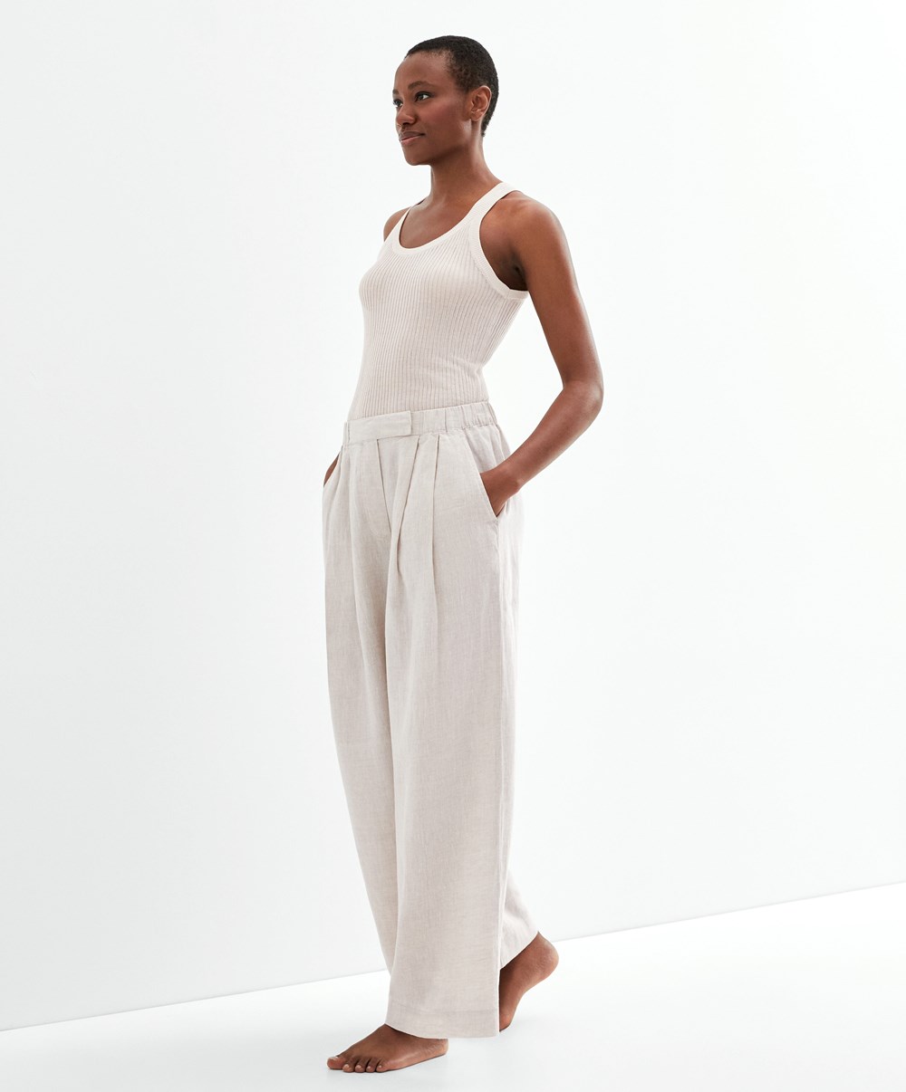 Oysho Relaxed-fit 100% Linen Trousers Sand Melange | NCKDMV-741