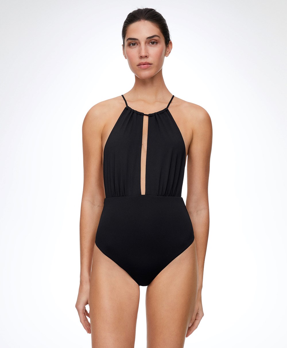 Oysho Ruched Halter Swimsuit Fekete | DIRLBG-803