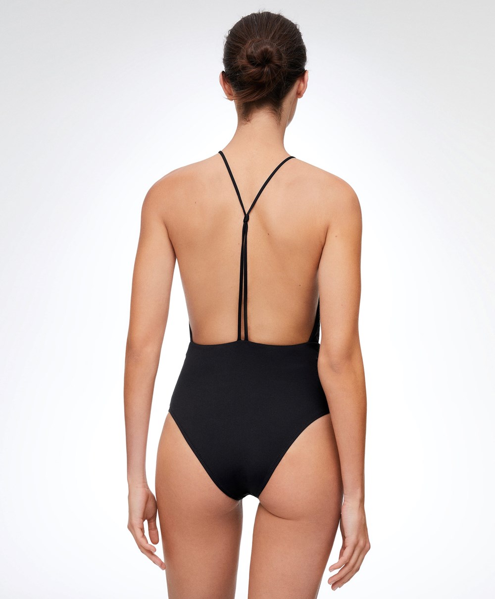 Oysho Ruched Halter Swimsuit Fekete | UTMREG-837