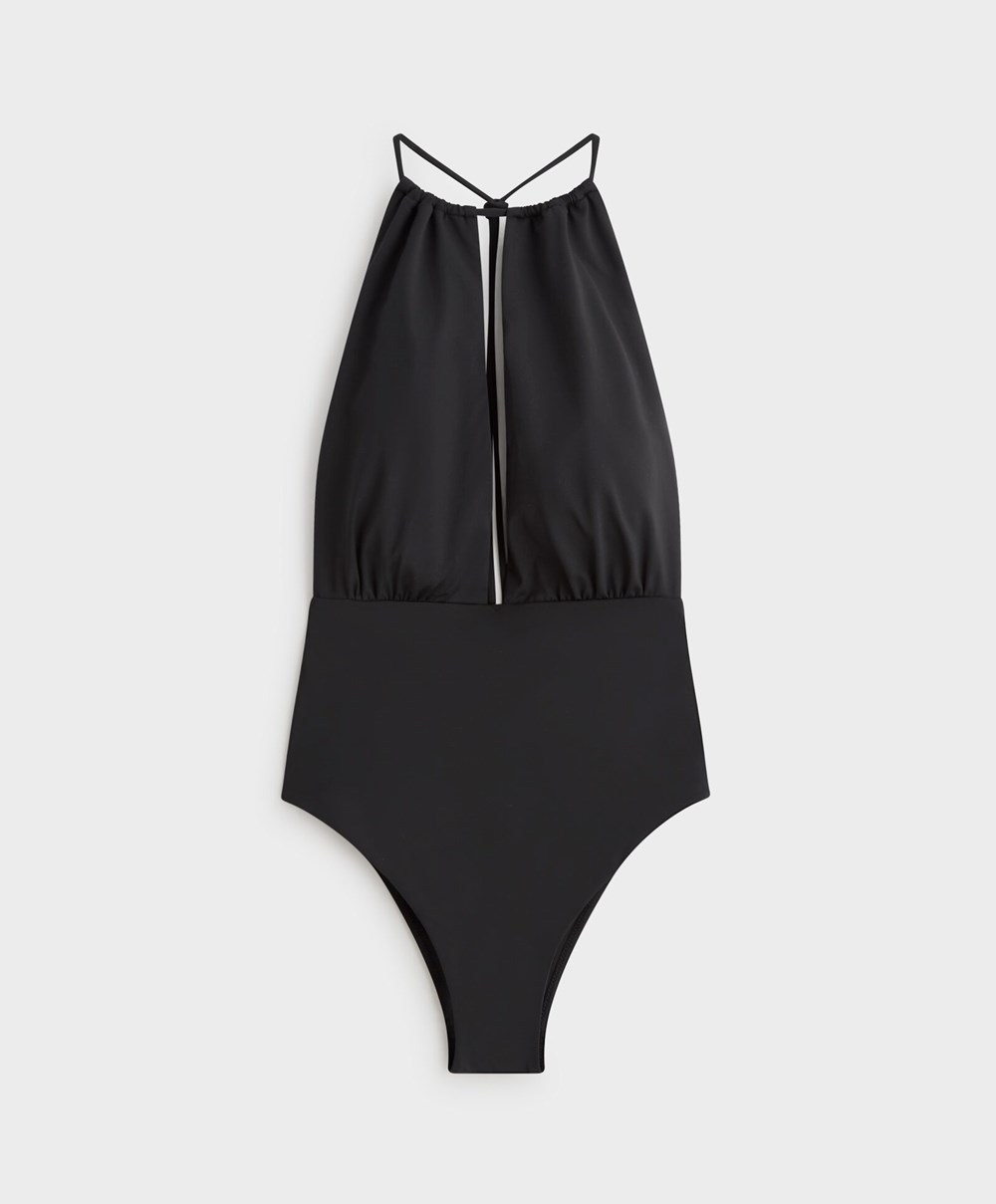 Oysho Ruched Halter Swimsuit Fekete | UTMREG-837