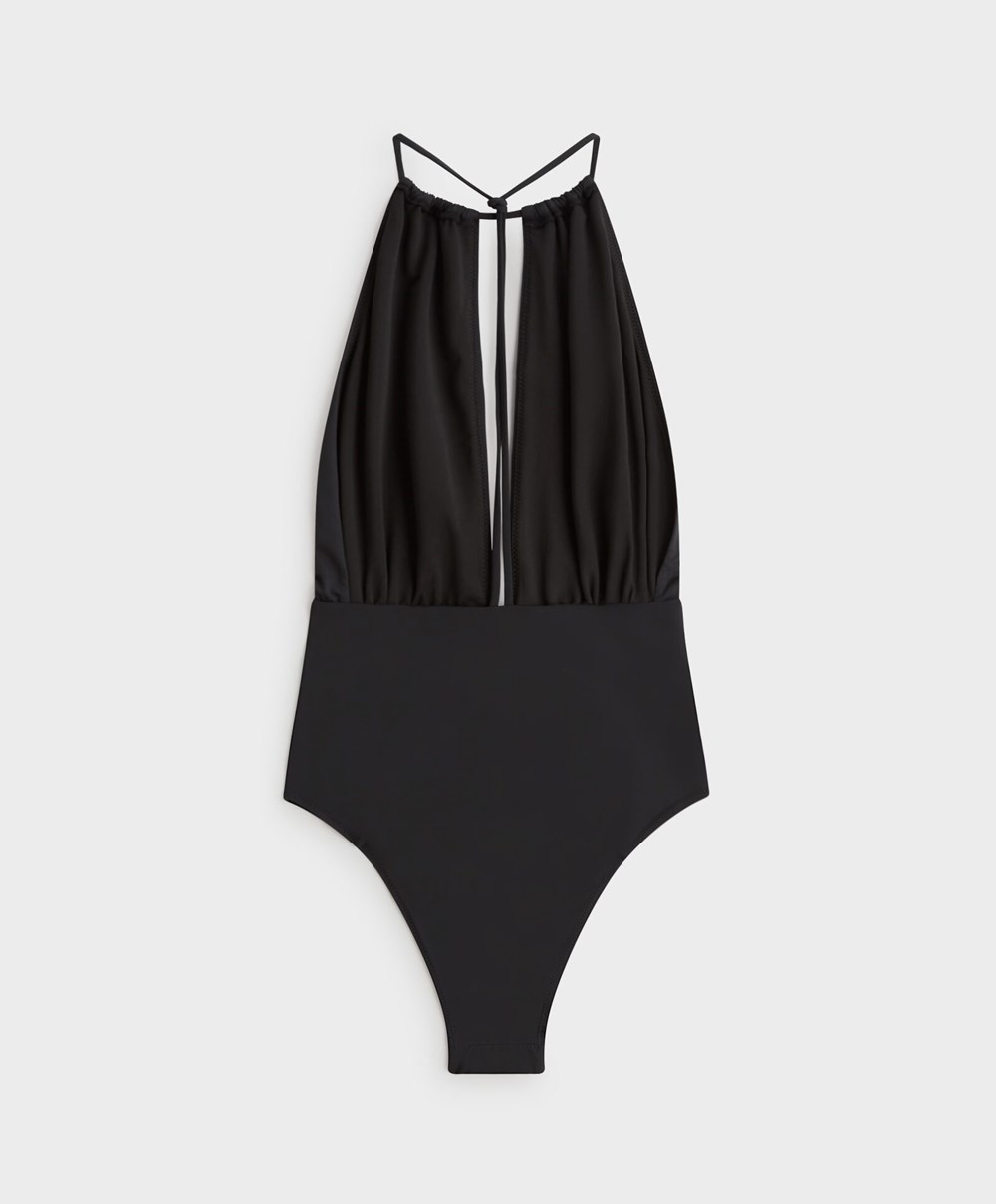 Oysho Ruched Halter Swimsuit Fekete | UTMREG-837