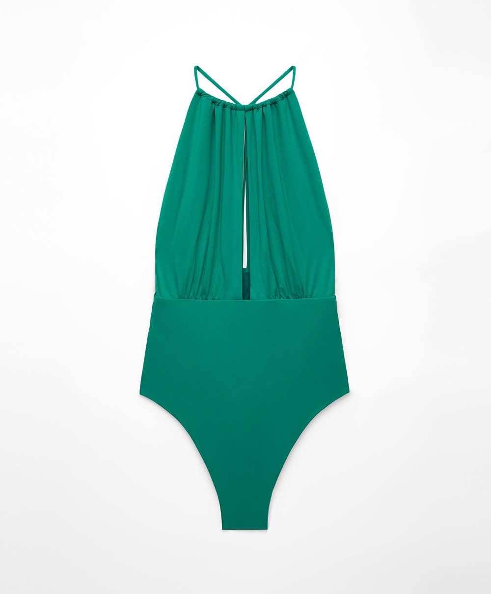 Oysho Ruched Halter Swimsuit Zöld | HTYBIF-436