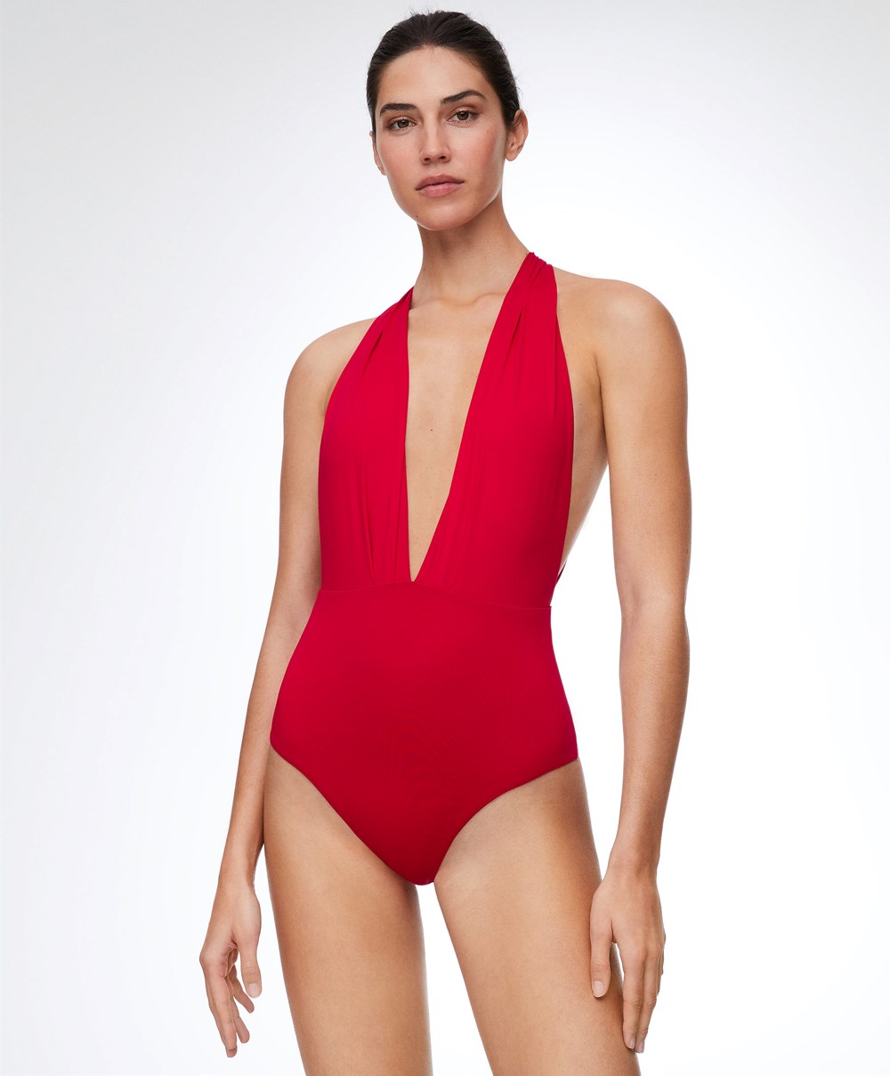 Oysho Ruched Vertical Neck Swimsuit Piros | CHTGMN-651