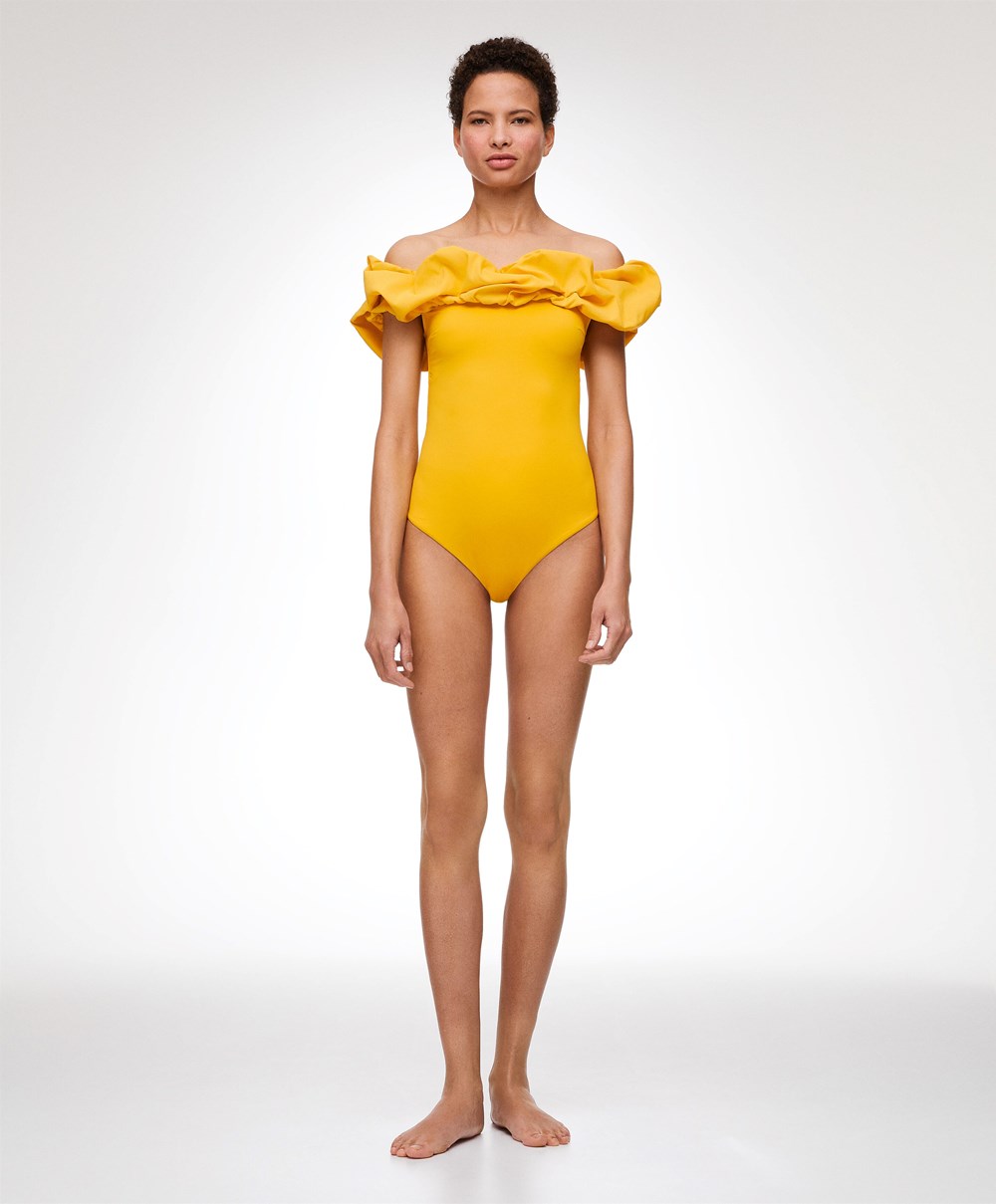 Oysho Ruffle Bandeau Swimsuit Mid-yellow | DRWSIA-379