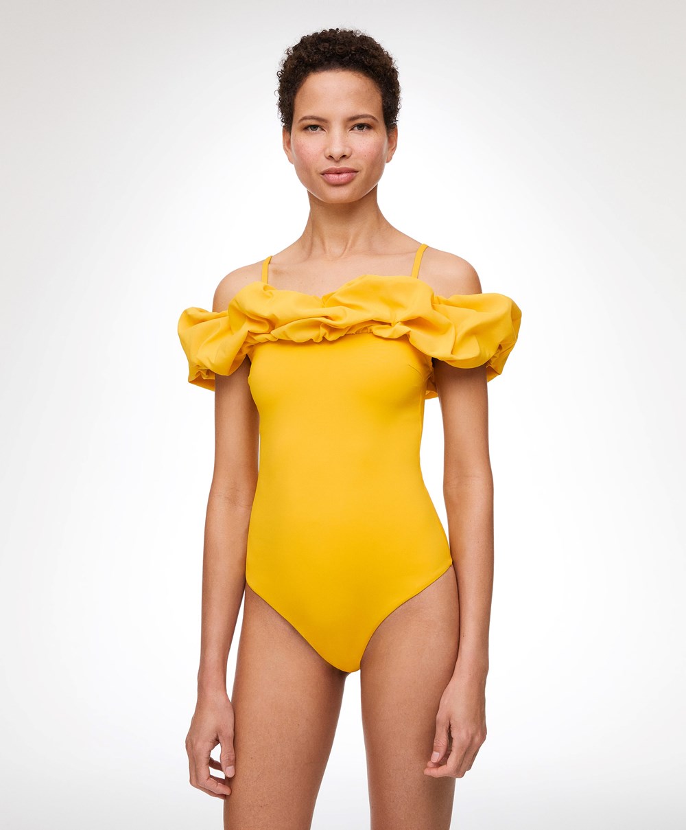 Oysho Ruffle Bandeau Swimsuit Mid-yellow | DRWSIA-379