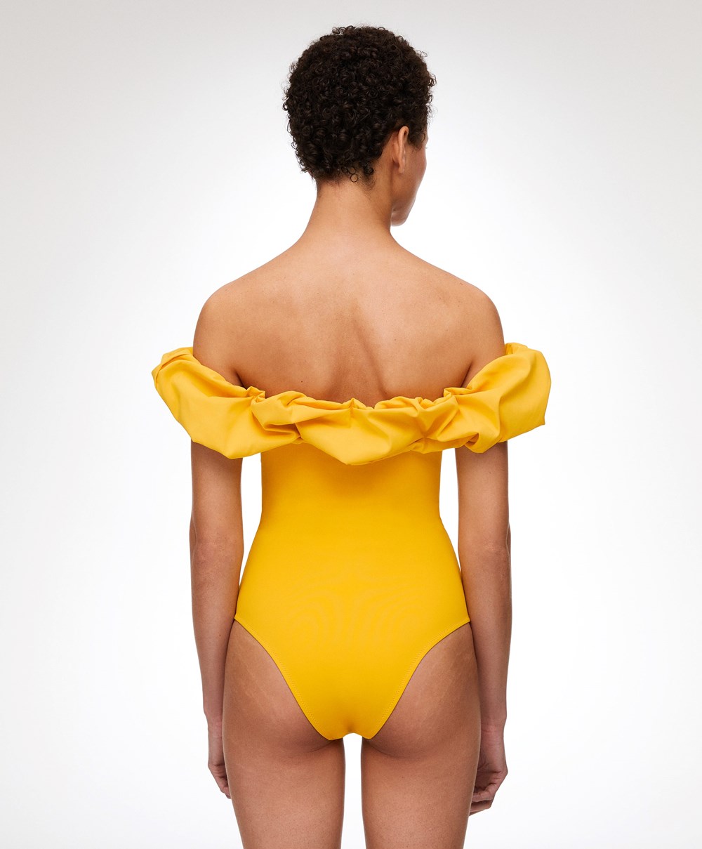 Oysho Ruffle Bandeau Swimsuit Mid-yellow | DRWSIA-379