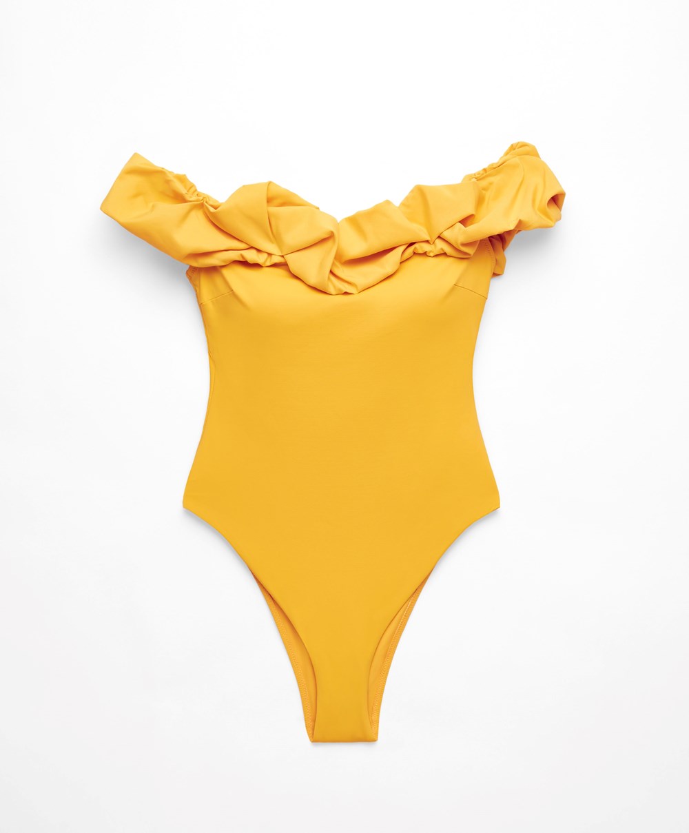 Oysho Ruffle Bandeau Swimsuit Mid-yellow | DRWSIA-379