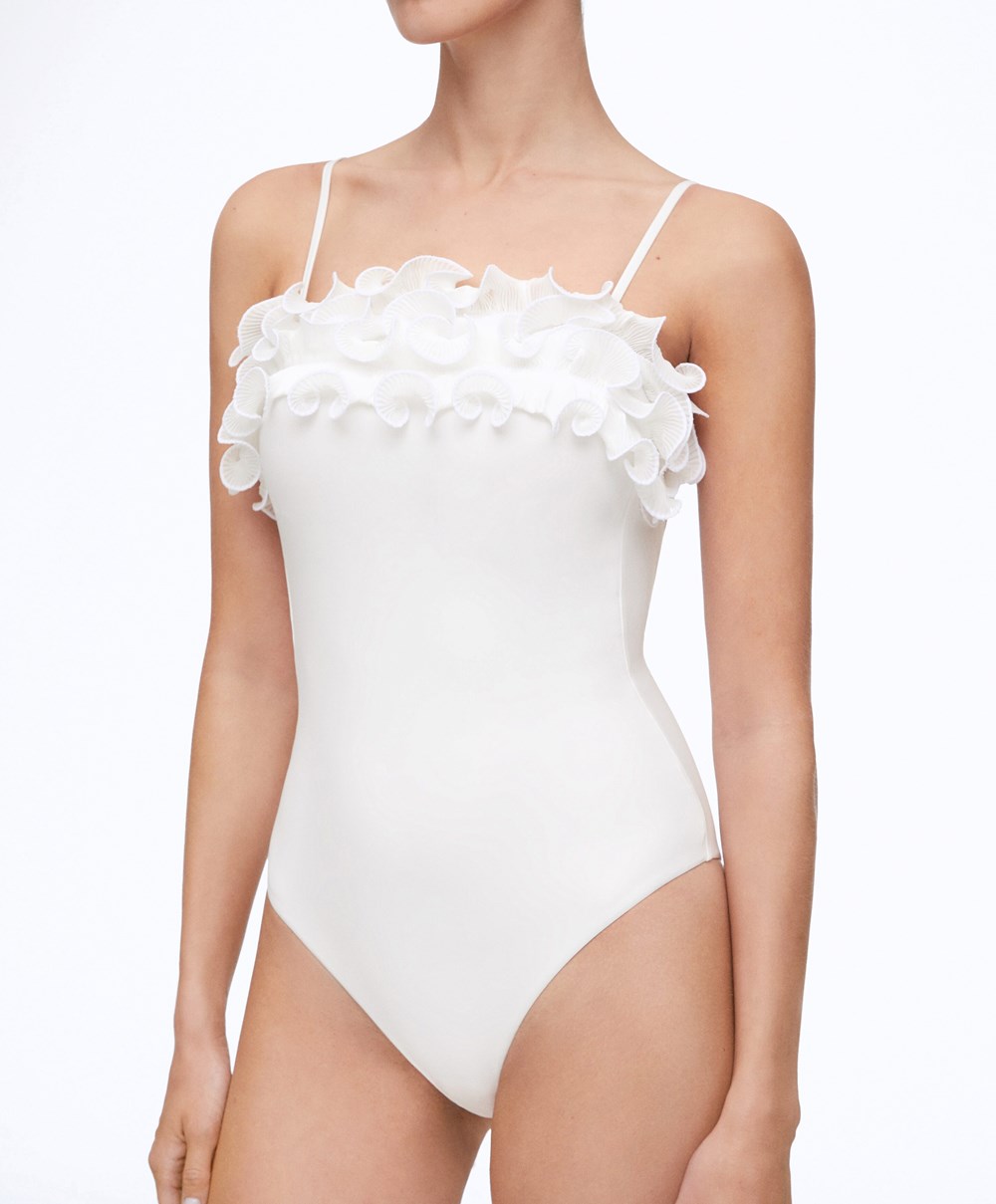 Oysho Ruffled Bandeau Swimsuit Fehér | FNZBOG-296