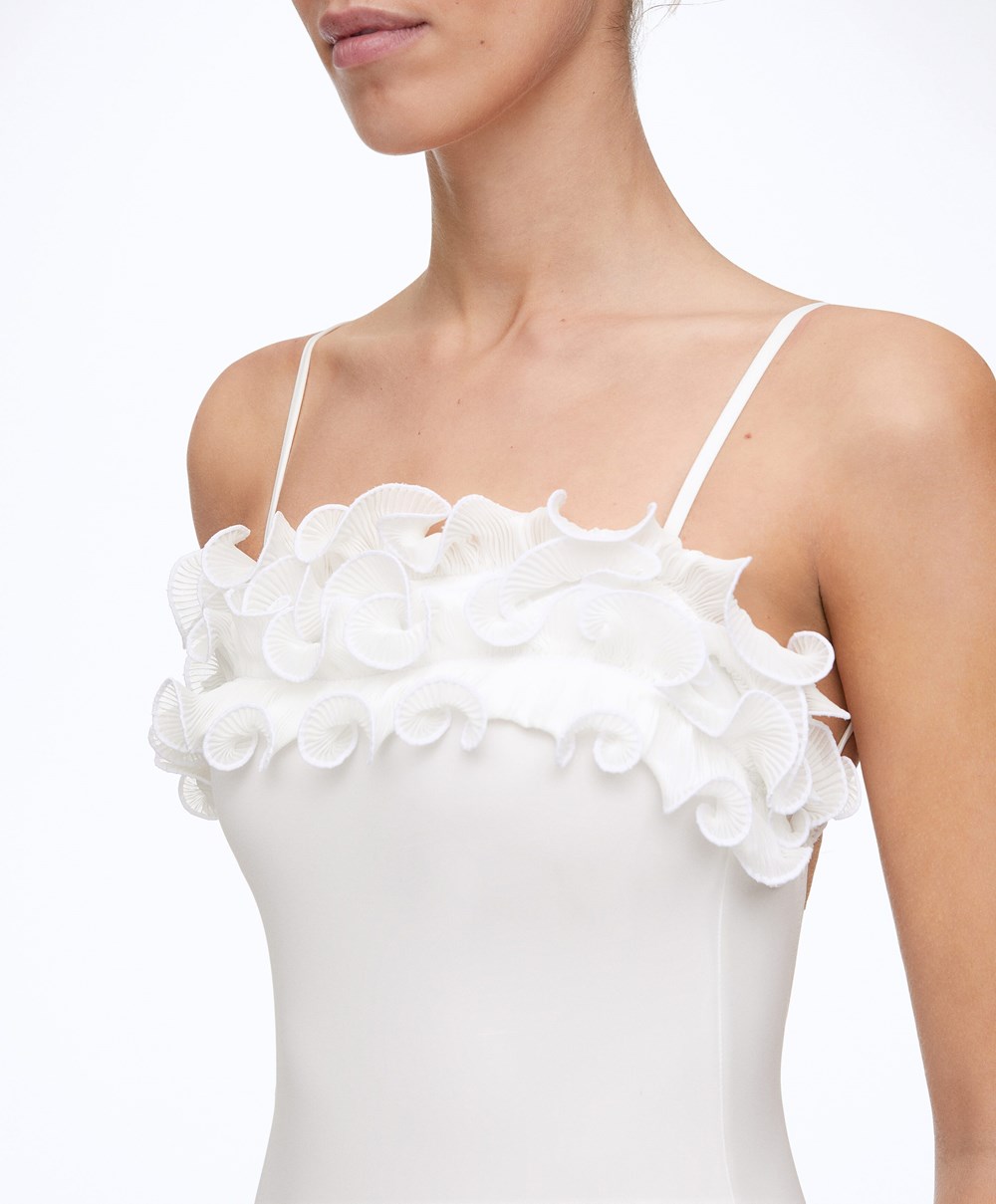 Oysho Ruffled Bandeau Swimsuit Fehér | FNZBOG-296