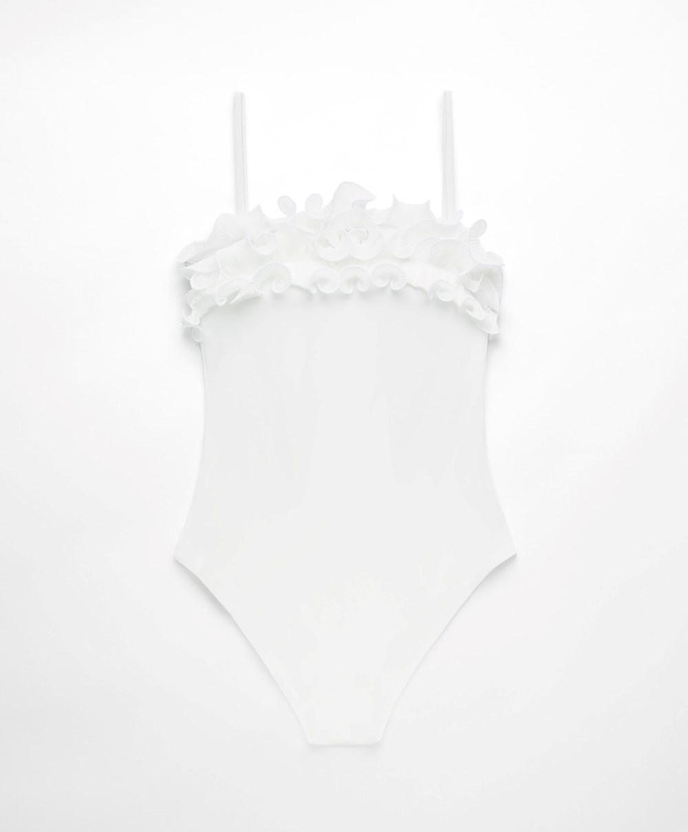 Oysho Ruffled Bandeau Swimsuit Fehér | FNZBOG-296