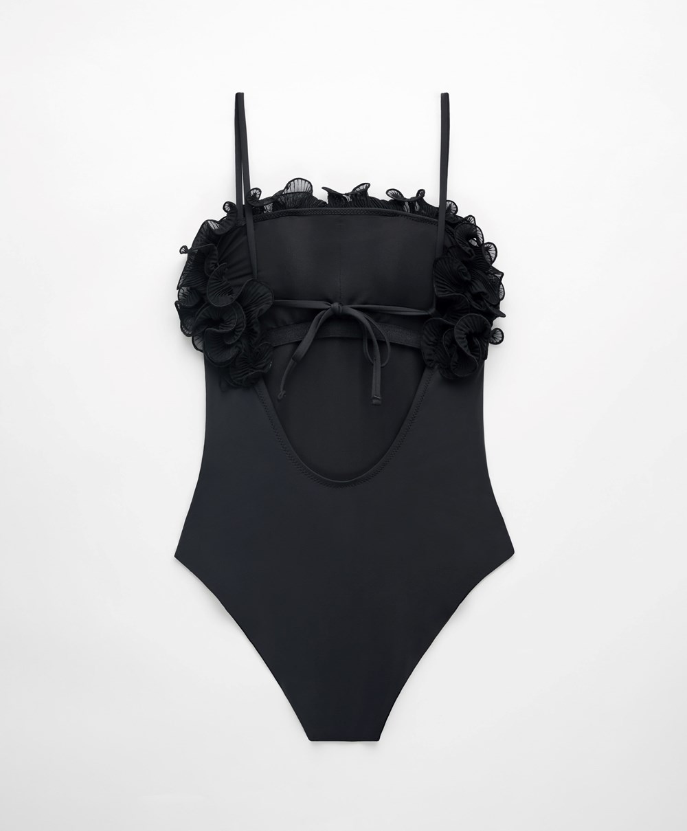 Oysho Ruffled Bandeau Swimsuit Fekete | HJAZIW-765