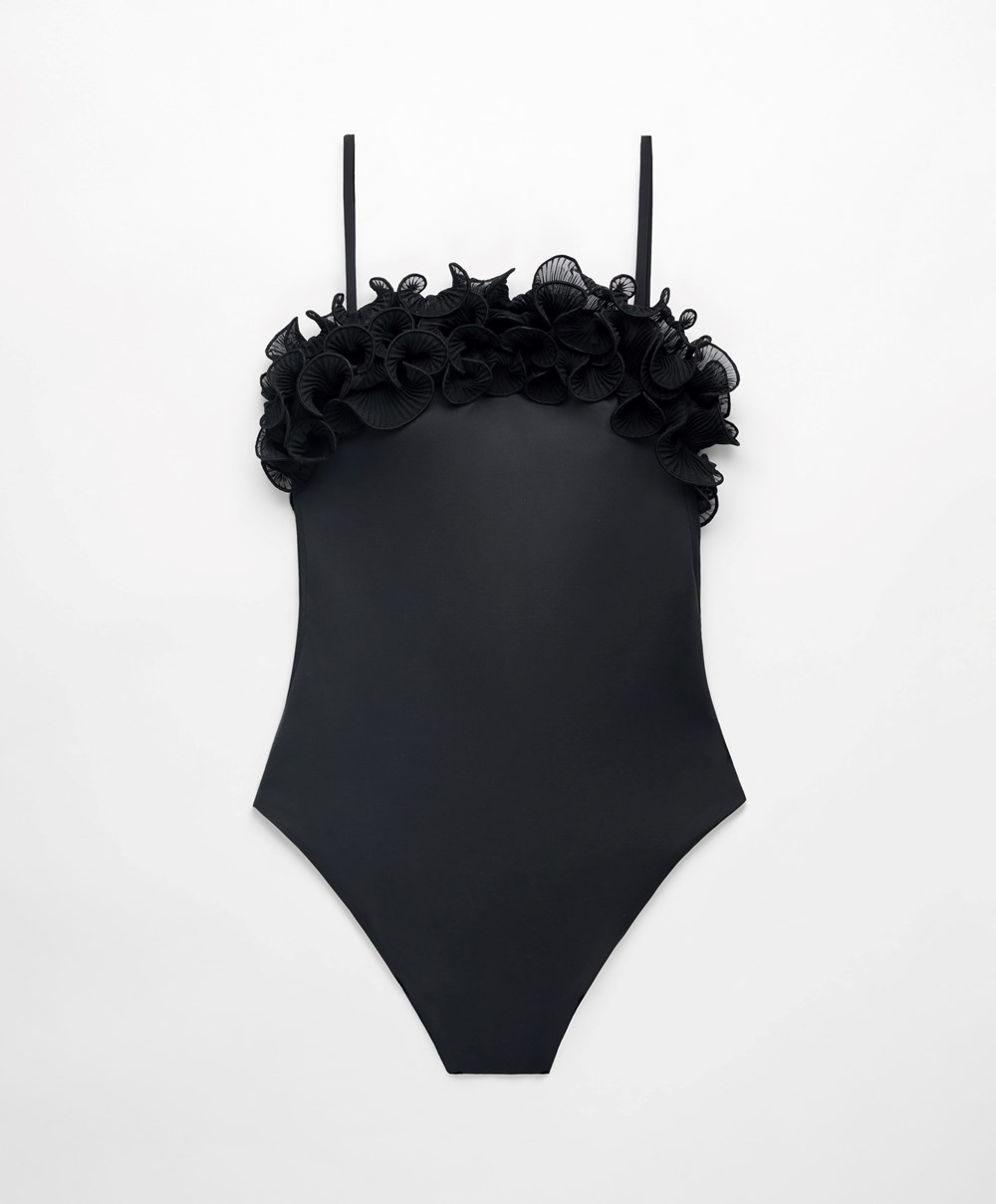 Oysho Ruffled Bandeau Swimsuit Fekete | HJAZIW-765