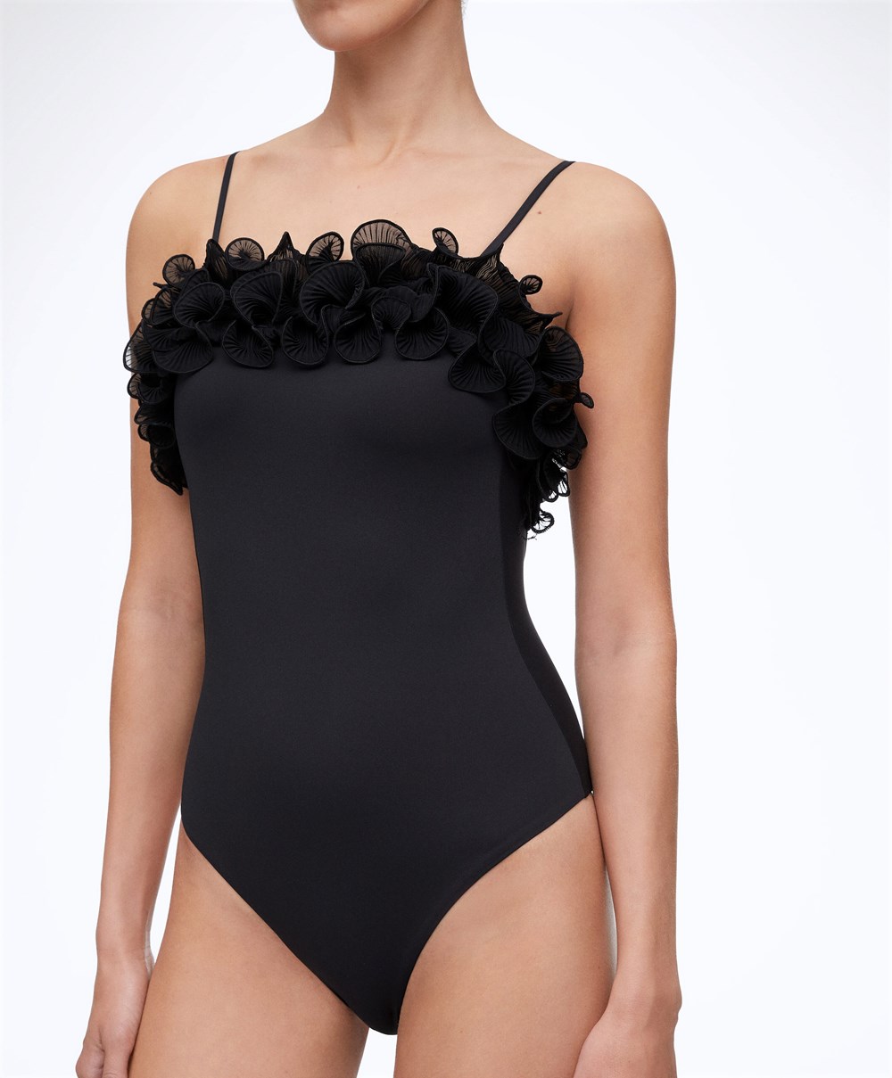 Oysho Ruffled Bandeau Swimsuit Fekete | WMPRAO-093