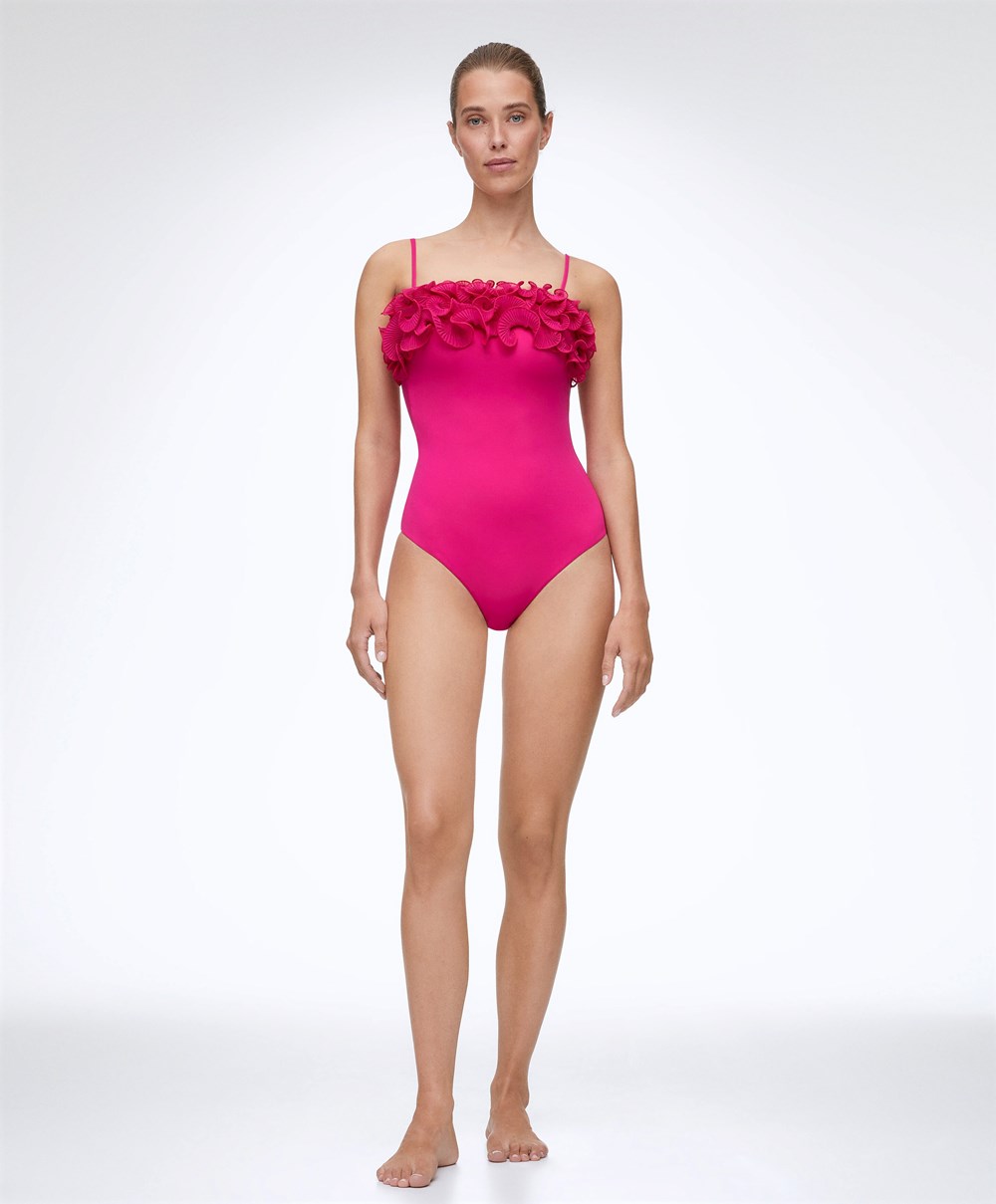 Oysho Ruffled Bandeau Swimsuit Fukszia | YSJVNC-582