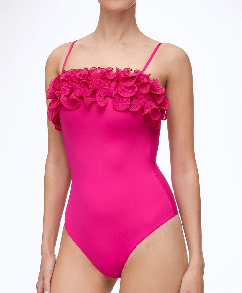 Oysho Ruffled Bandeau Swimsuit Fukszia | YSJVNC-582