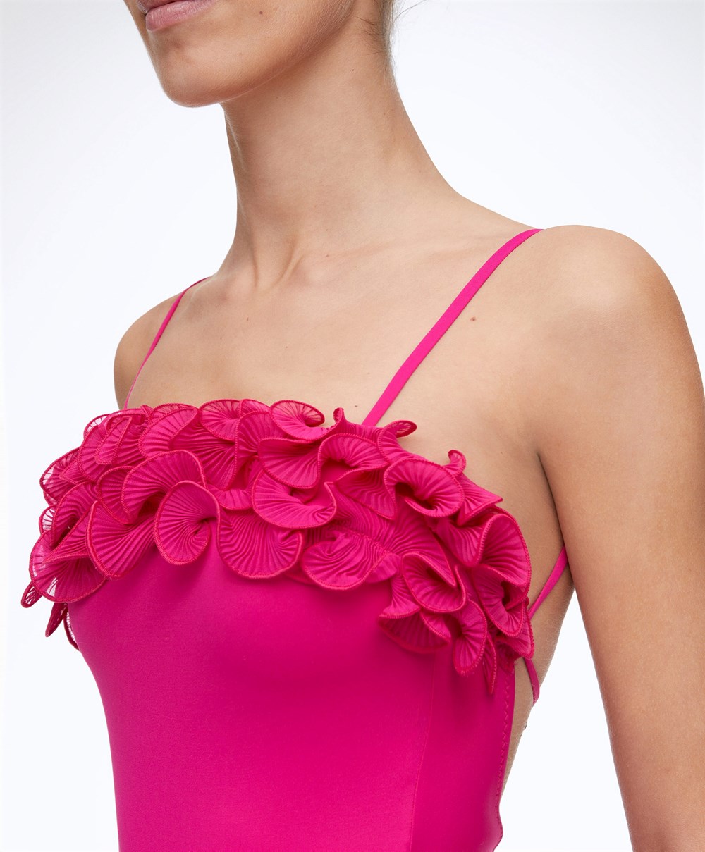 Oysho Ruffled Bandeau Swimsuit Fukszia | YSJVNC-582