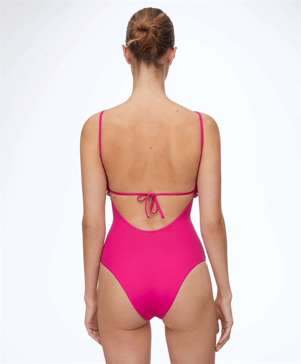 Oysho Ruffled Bandeau Swimsuit Fukszia | YSJVNC-582