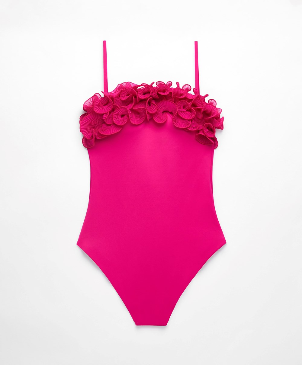 Oysho Ruffled Bandeau Swimsuit Fukszia | YSJVNC-582