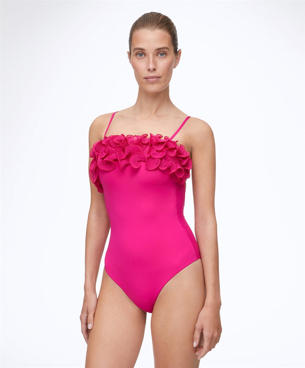 Oysho Ruffled Bandeau Swimsuit Fukszia | YSJVNC-582