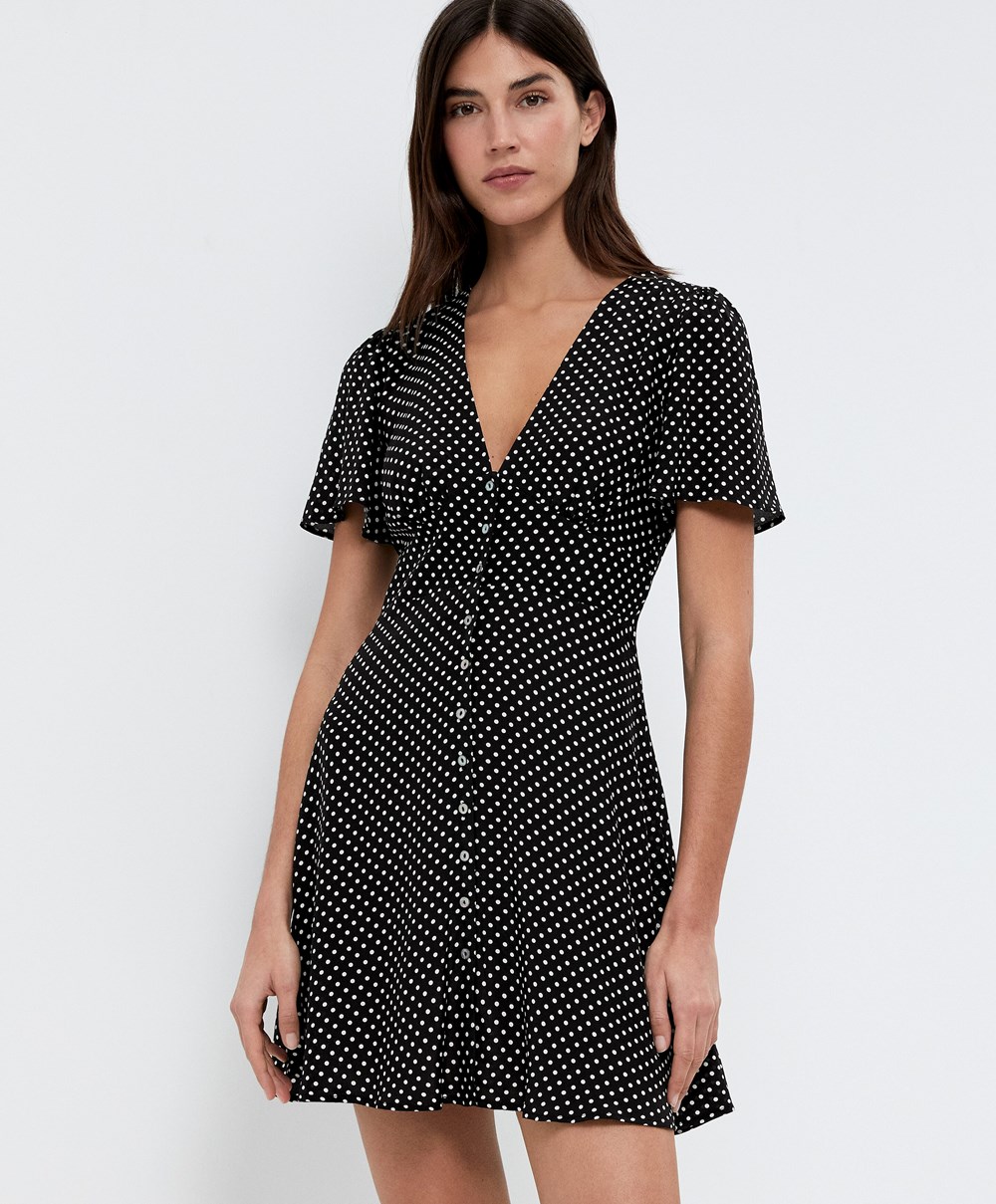 Oysho Rövid Polka Dot Ruha Fekete | XJWNGU-603