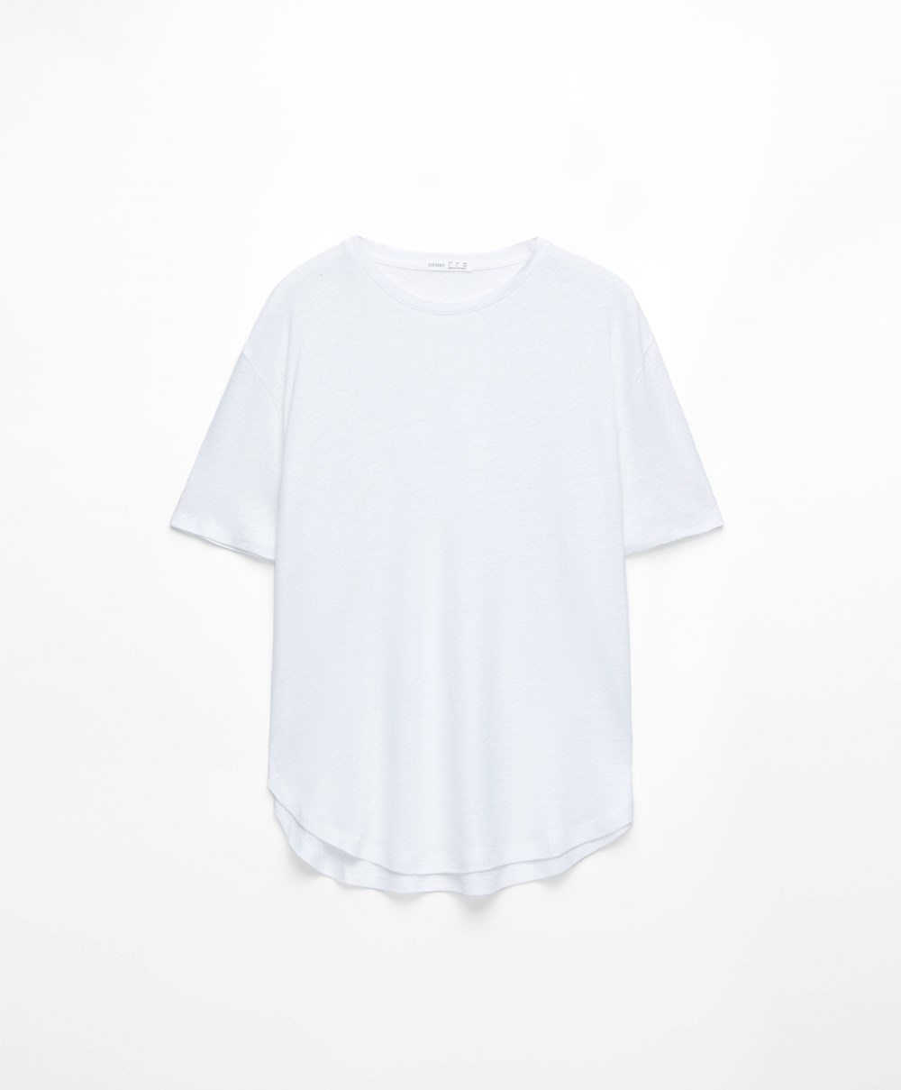 Oysho Rövid Sleeve Linen T-shirt Fehér | AQBIPF-732