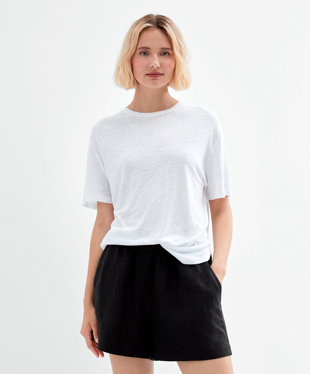 Oysho Rövid Sleeve Linen T-shirt Fehér | AQBIPF-732