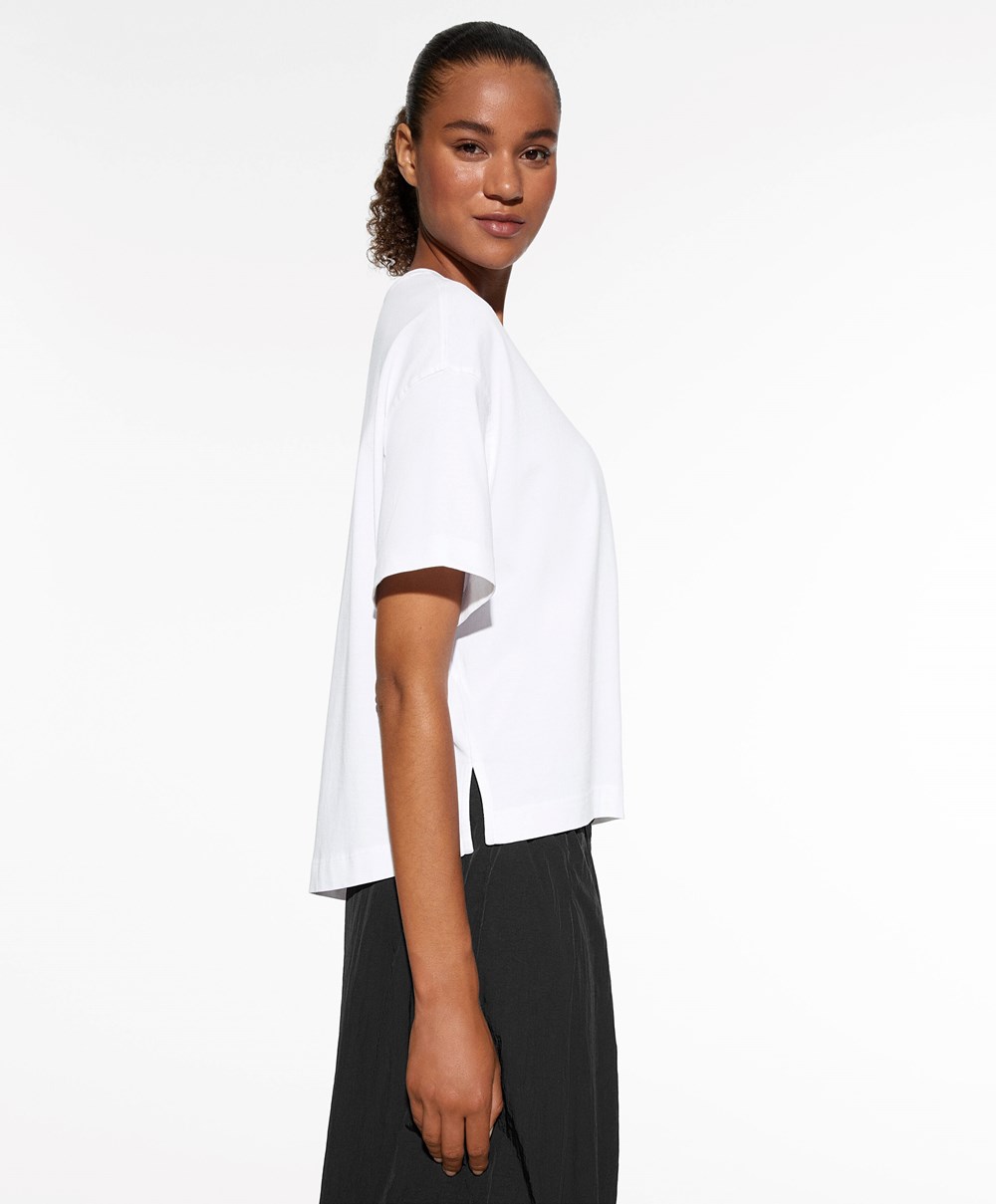 Oysho Rövid Sleeve Pamut T-shirt Pale Ecru | QJMGUP-824