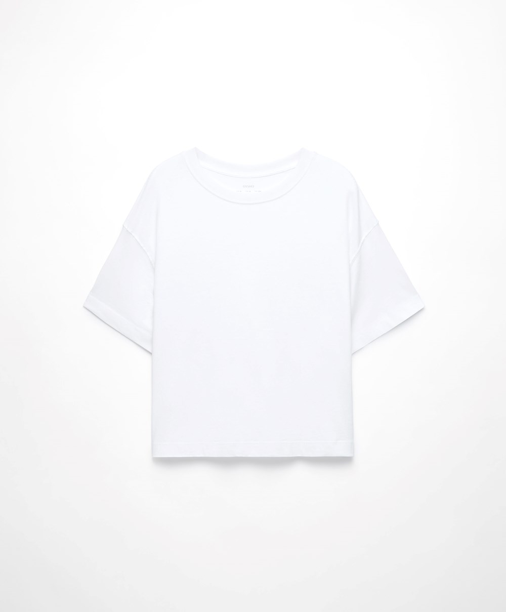 Oysho Rövid Sleeve Pamut T-shirt Pale Ecru | QJMGUP-824