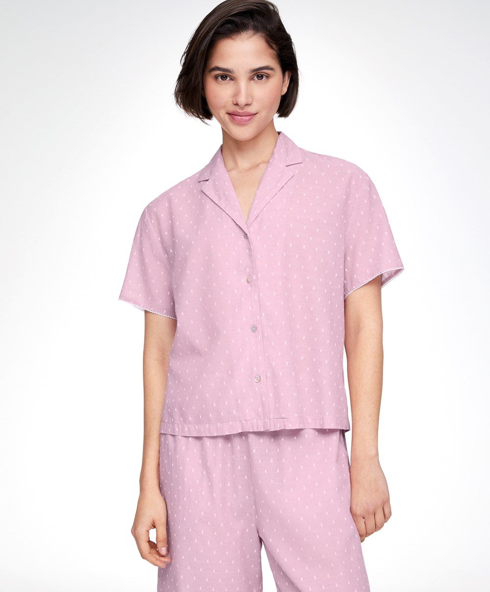 Oysho Rövid-sleeved 100% Pamut Plumeti Shirt Mid-rosette | IEXLWK-901