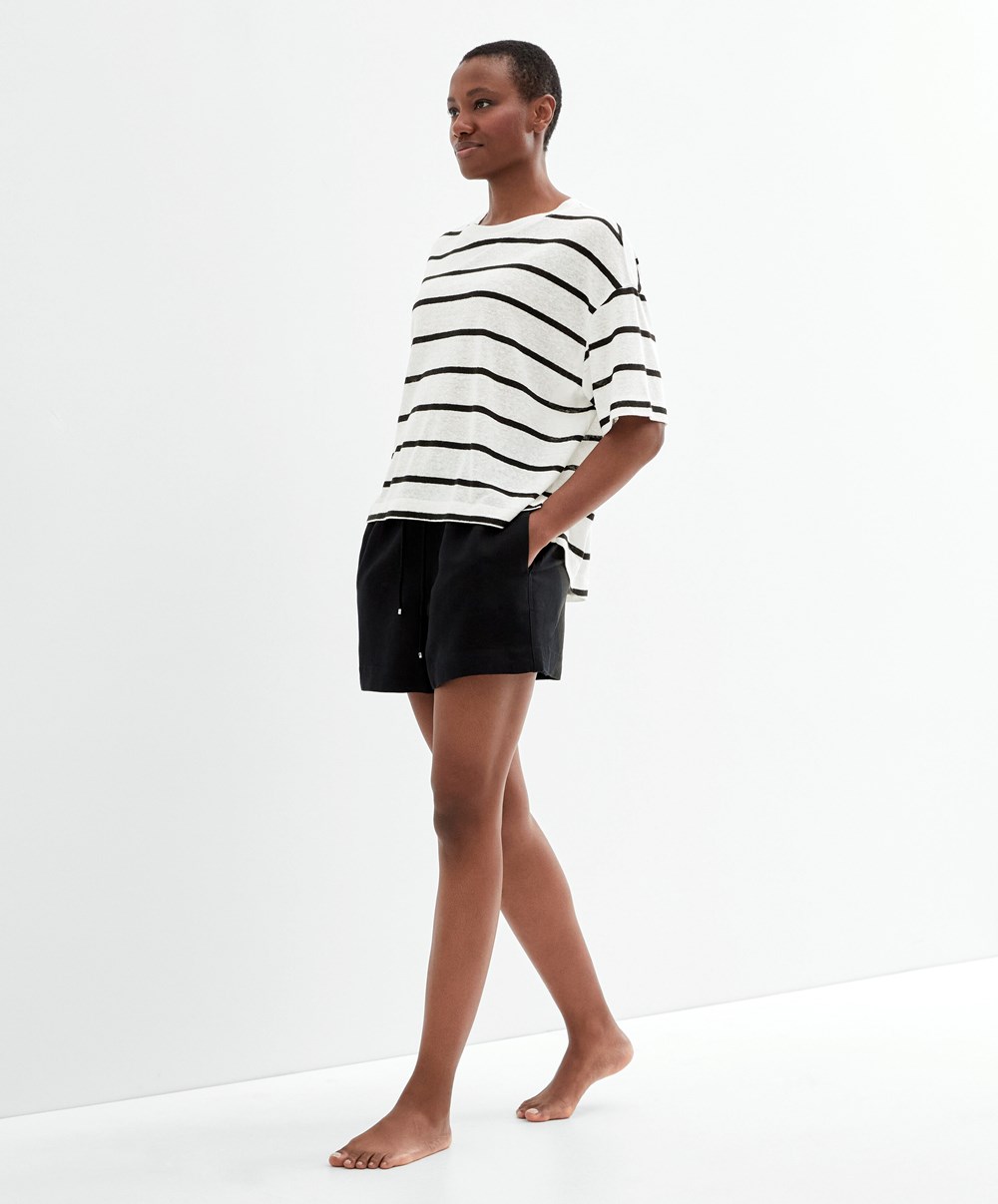 Oysho Rövid-sleeved Linen Stripe T-shirt Fekete | WXZVFL-716