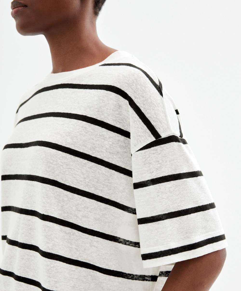 Oysho Rövid-sleeved Linen Stripe T-shirt Fekete | WXZVFL-716