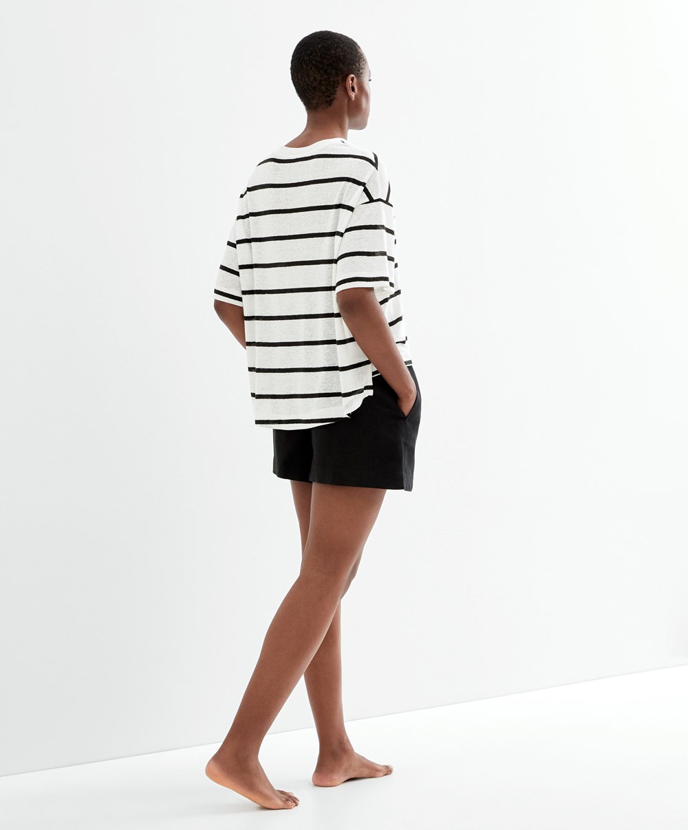 Oysho Rövid-sleeved Linen Stripe T-shirt Fekete | WXZVFL-716