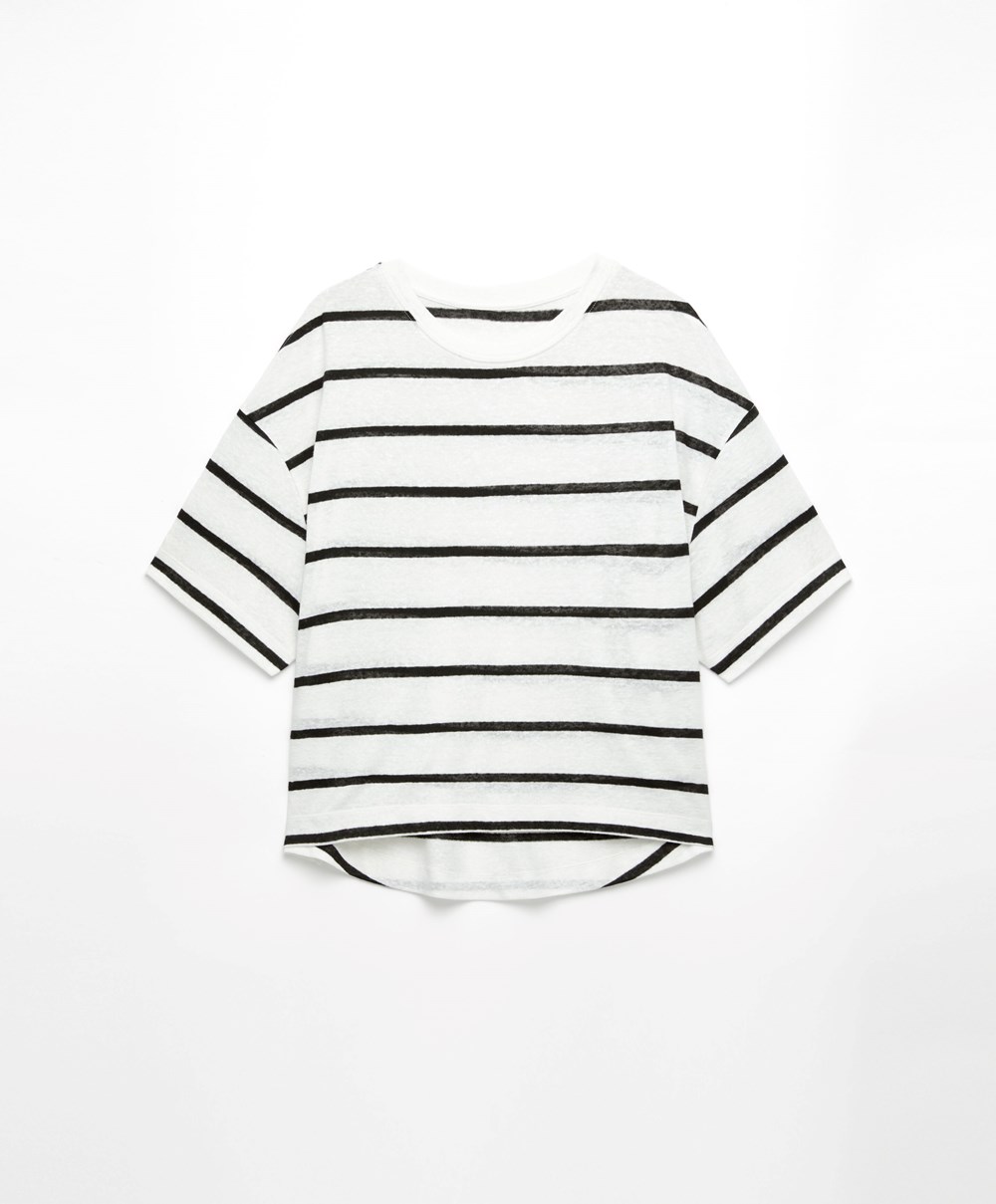 Oysho Rövid-sleeved Linen Stripe T-shirt Fekete | WXZVFL-716