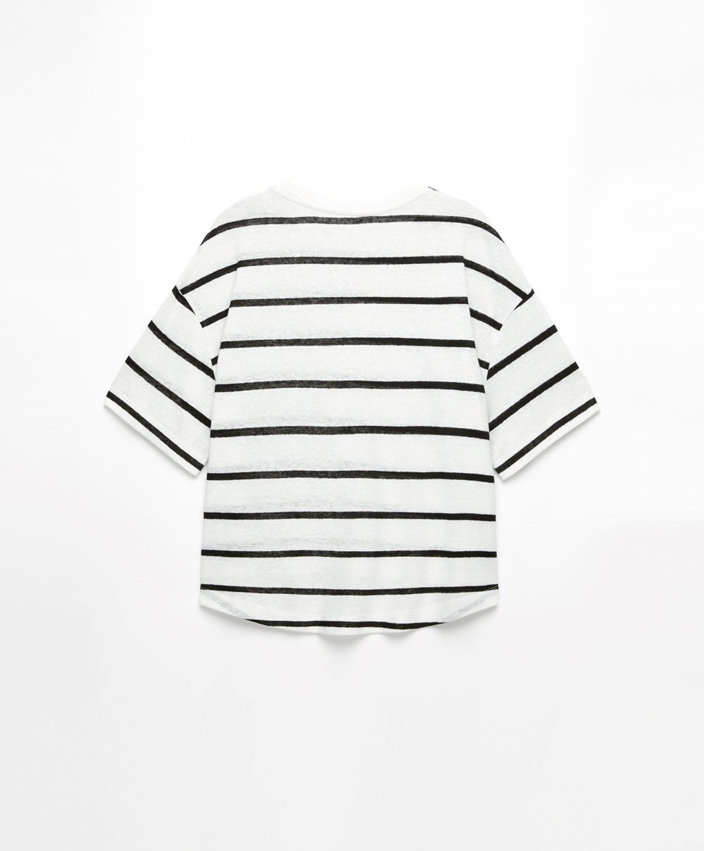 Oysho Rövid-sleeved Linen Stripe T-shirt Fekete | WXZVFL-716