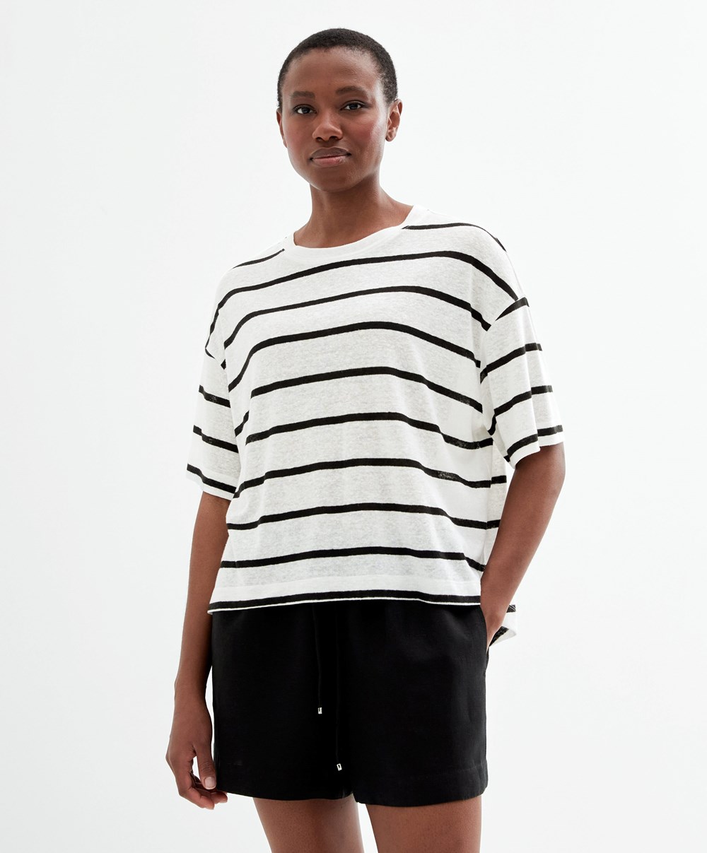 Oysho Rövid-sleeved Linen Stripe T-shirt Fekete | WXZVFL-716