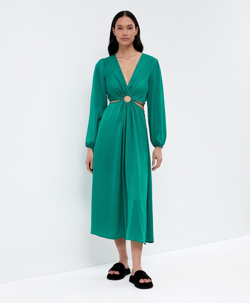 Oysho Satin Cut-out Long-sleeved Midi Ruha Zöld | TLRYNH-318