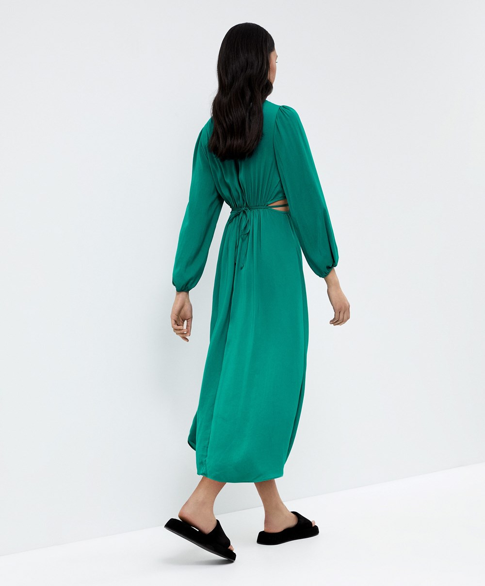 Oysho Satin Cut-out Long-sleeved Midi Ruha Zöld | TLRYNH-318