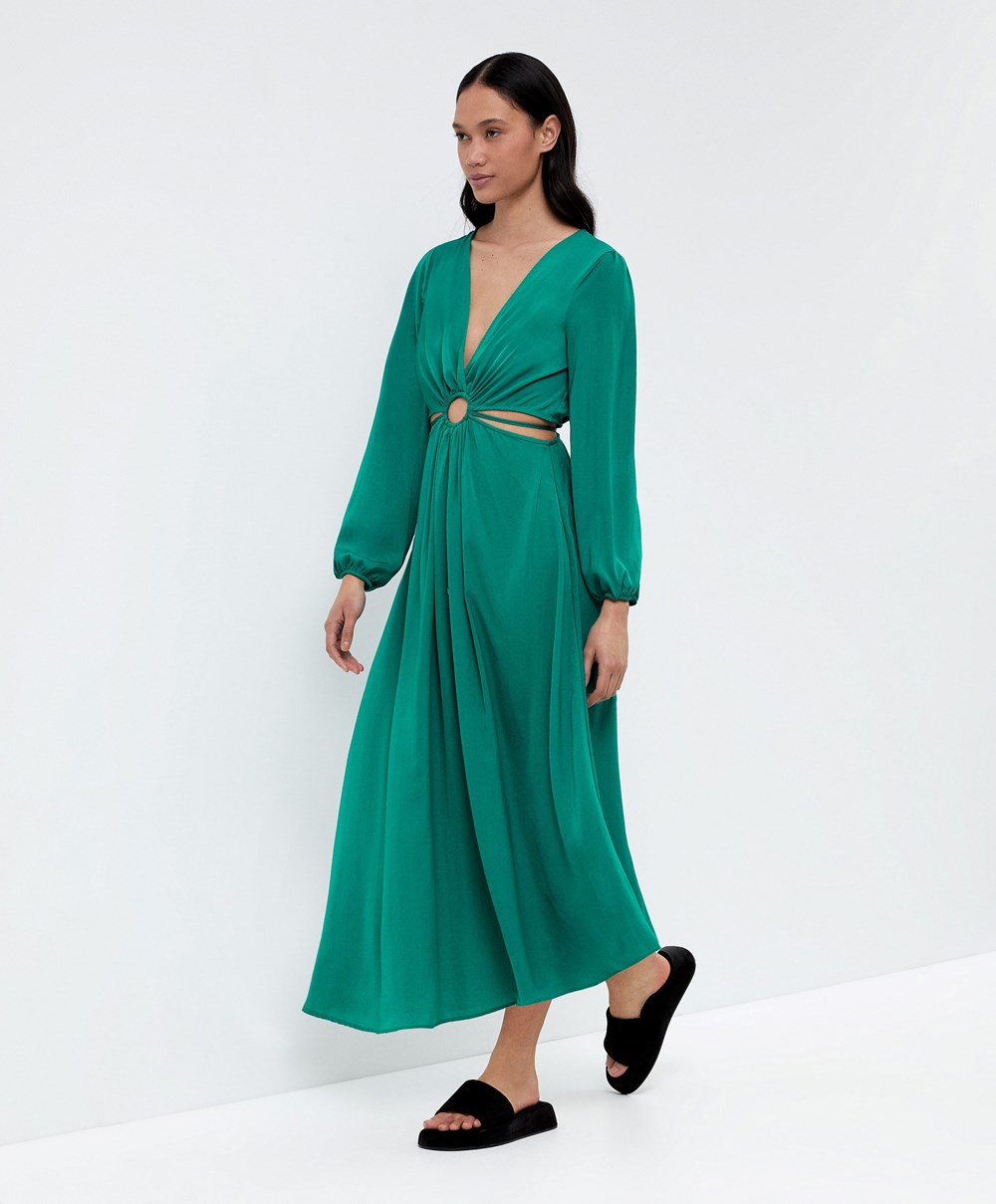 Oysho Satin Cut-out Long-sleeved Midi Ruha Zöld | TLRYNH-318