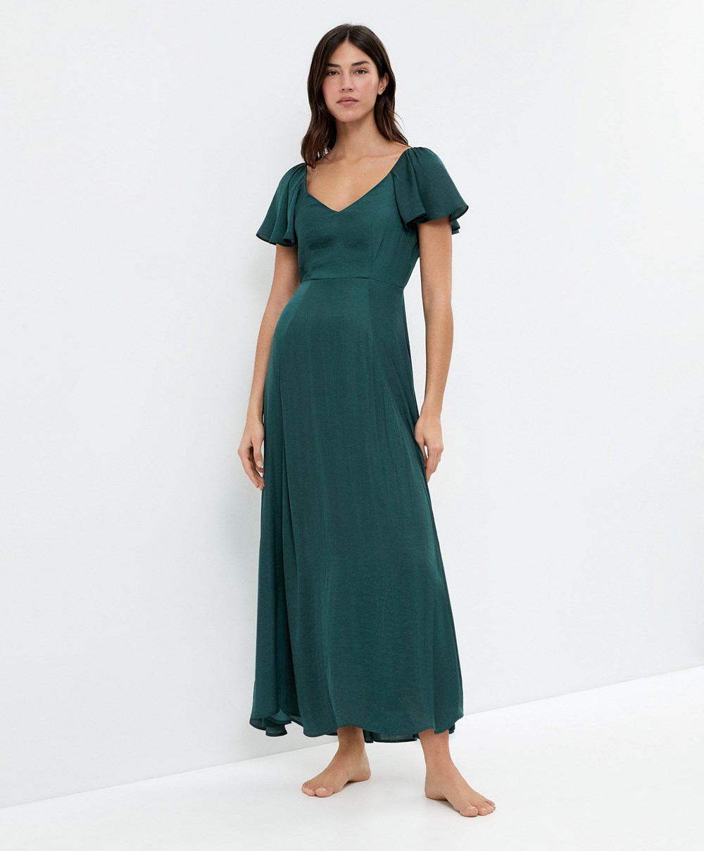 Oysho Satin Midi Ruha With Open Back Zöld | LMOIWC-687