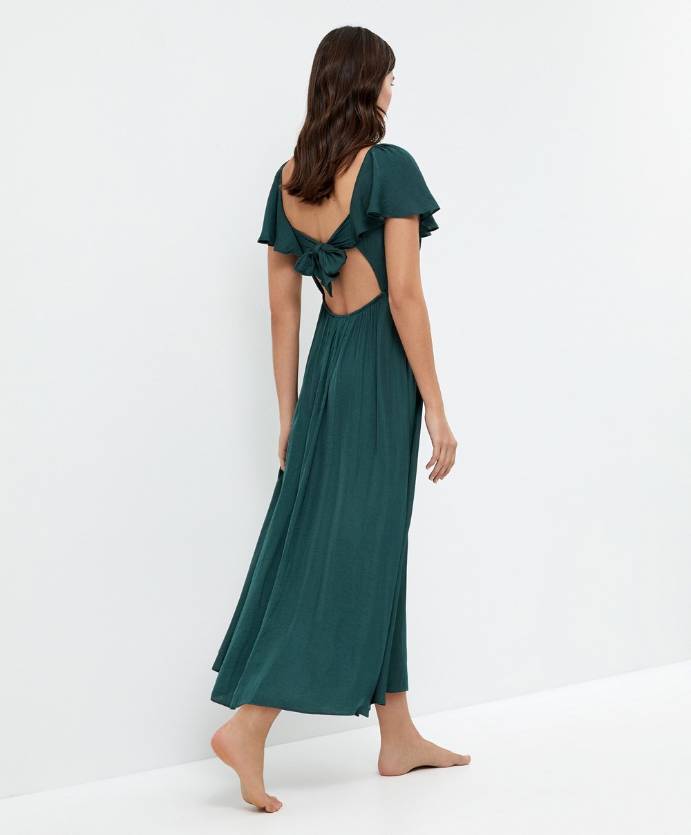 Oysho Satin Midi Ruha With Open Back Zöld | LMOIWC-687