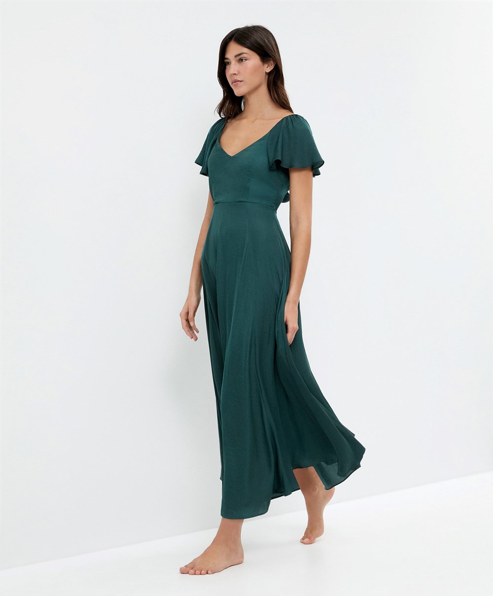 Oysho Satin Midi Ruha With Open Back Zöld | LMOIWC-687