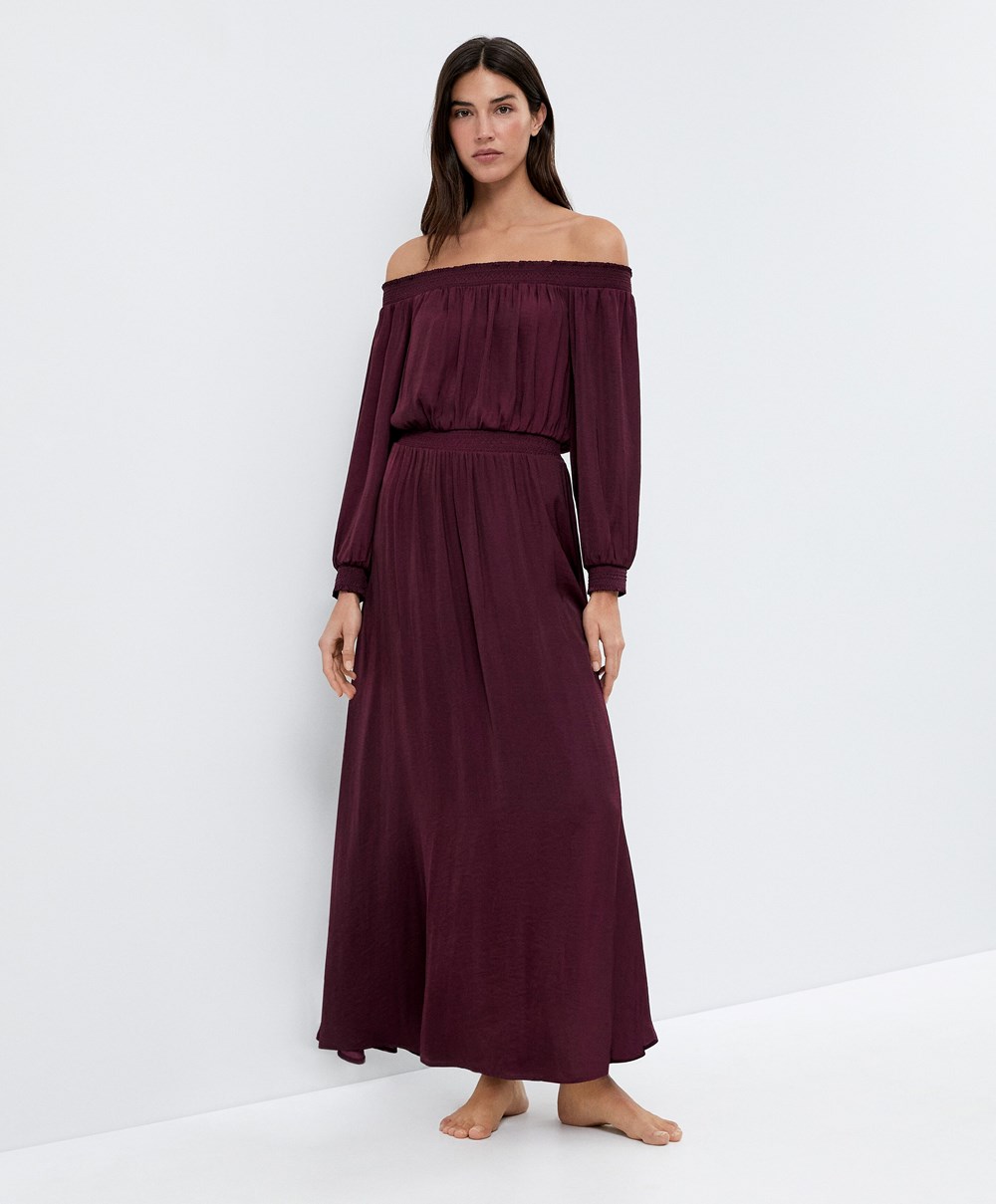 Oysho Satin Off-shoulder Long Ruha Aubergine | MRXDYE-415