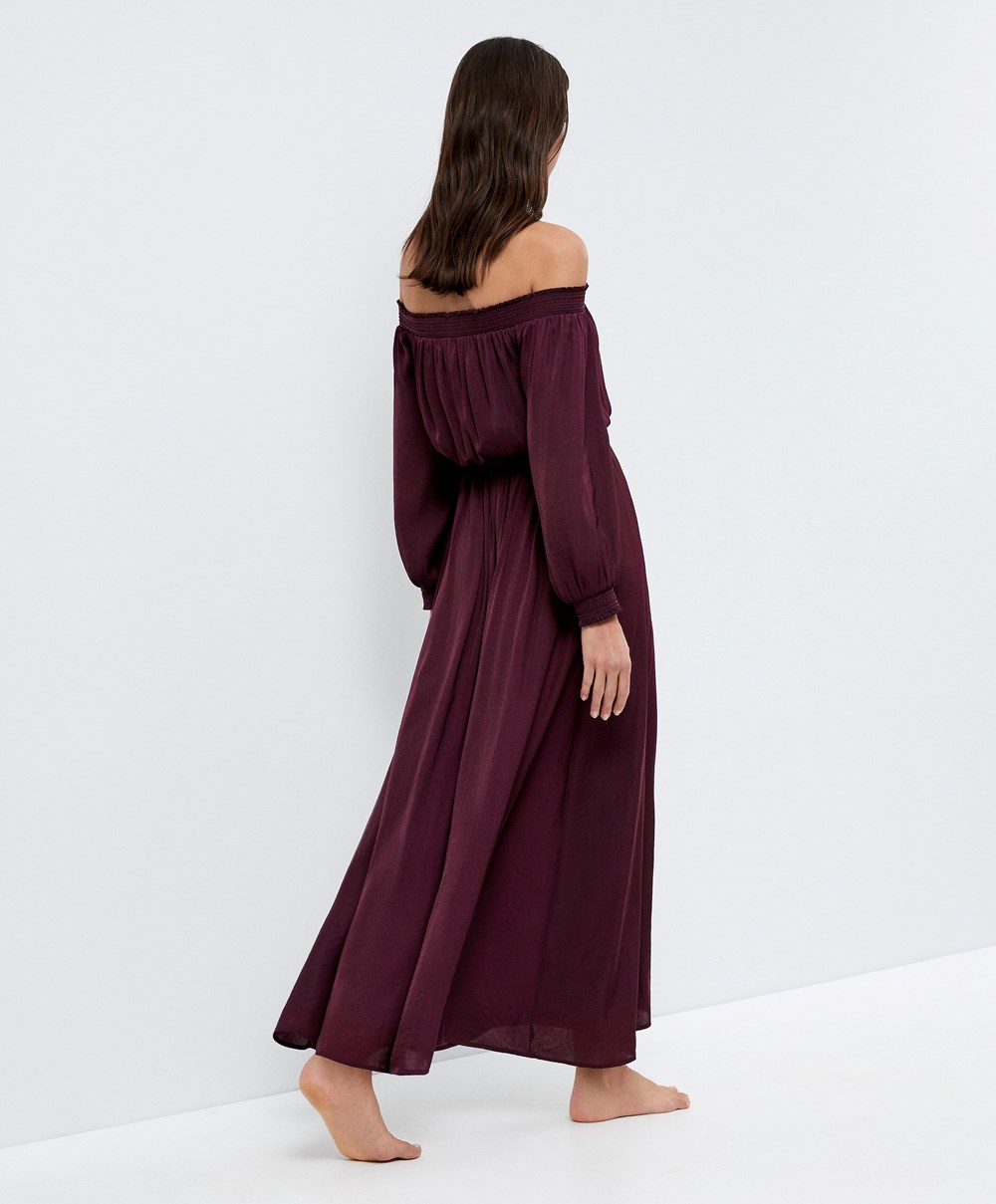 Oysho Satin Off-shoulder Long Ruha Aubergine | MRXDYE-415