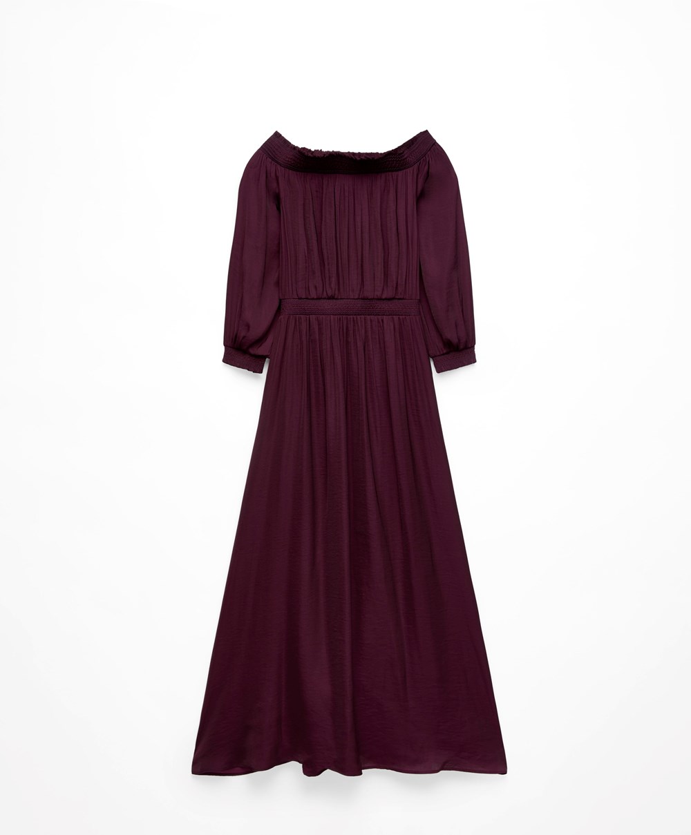 Oysho Satin Off-shoulder Long Ruha Aubergine | MRXDYE-415