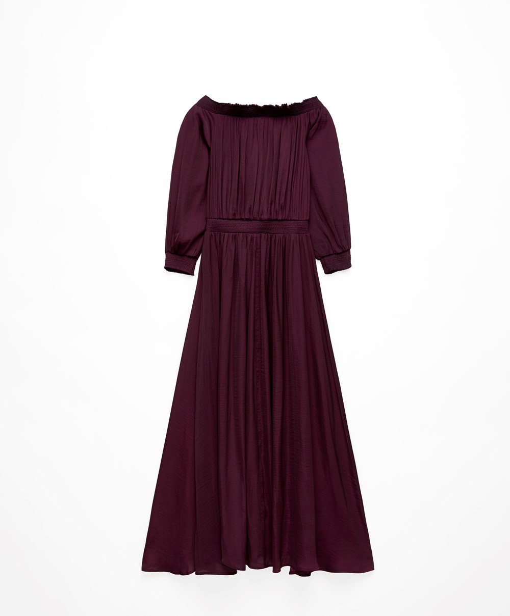 Oysho Satin Off-shoulder Long Ruha Aubergine | MRXDYE-415