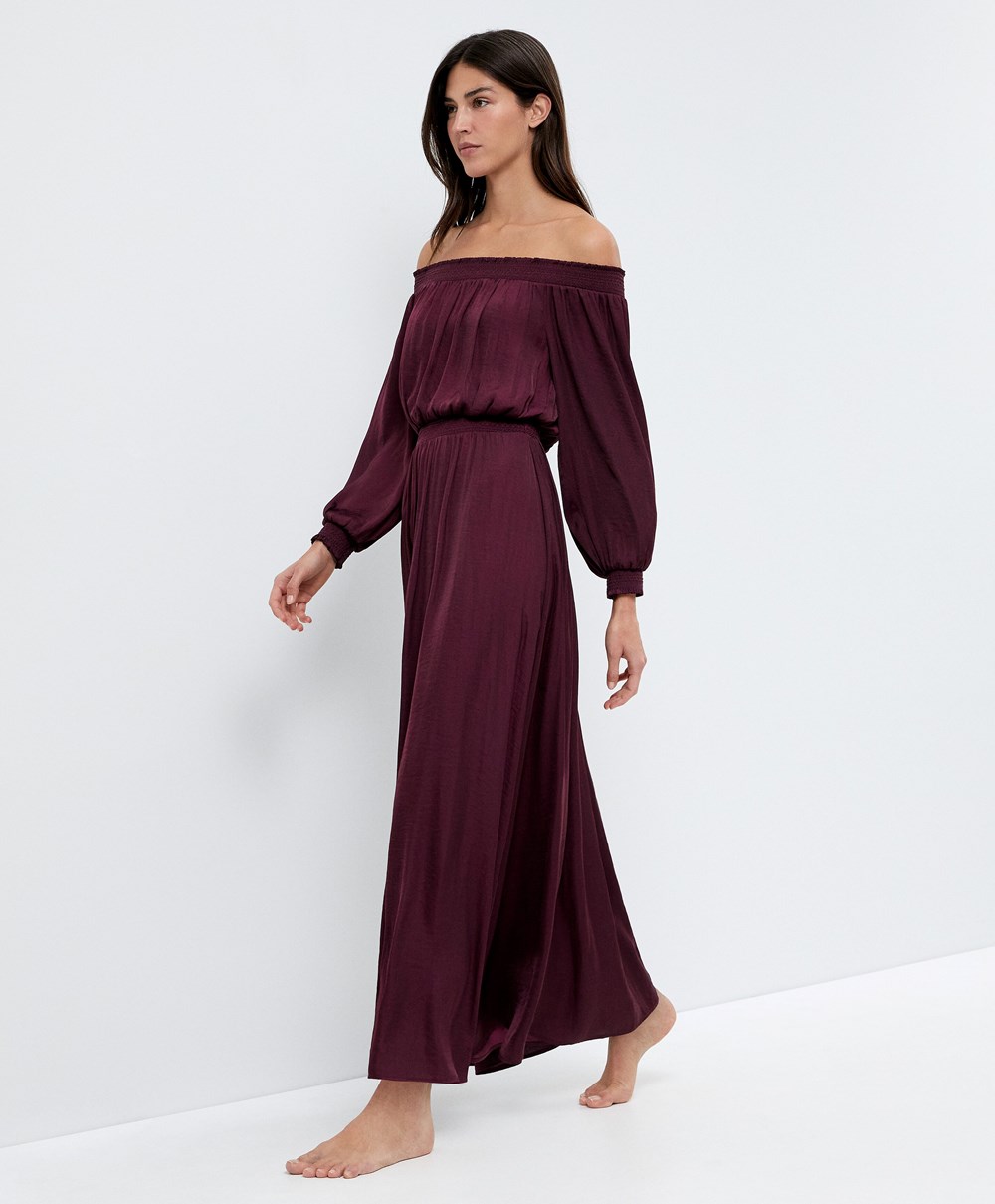 Oysho Satin Off-shoulder Long Ruha Aubergine | MRXDYE-415