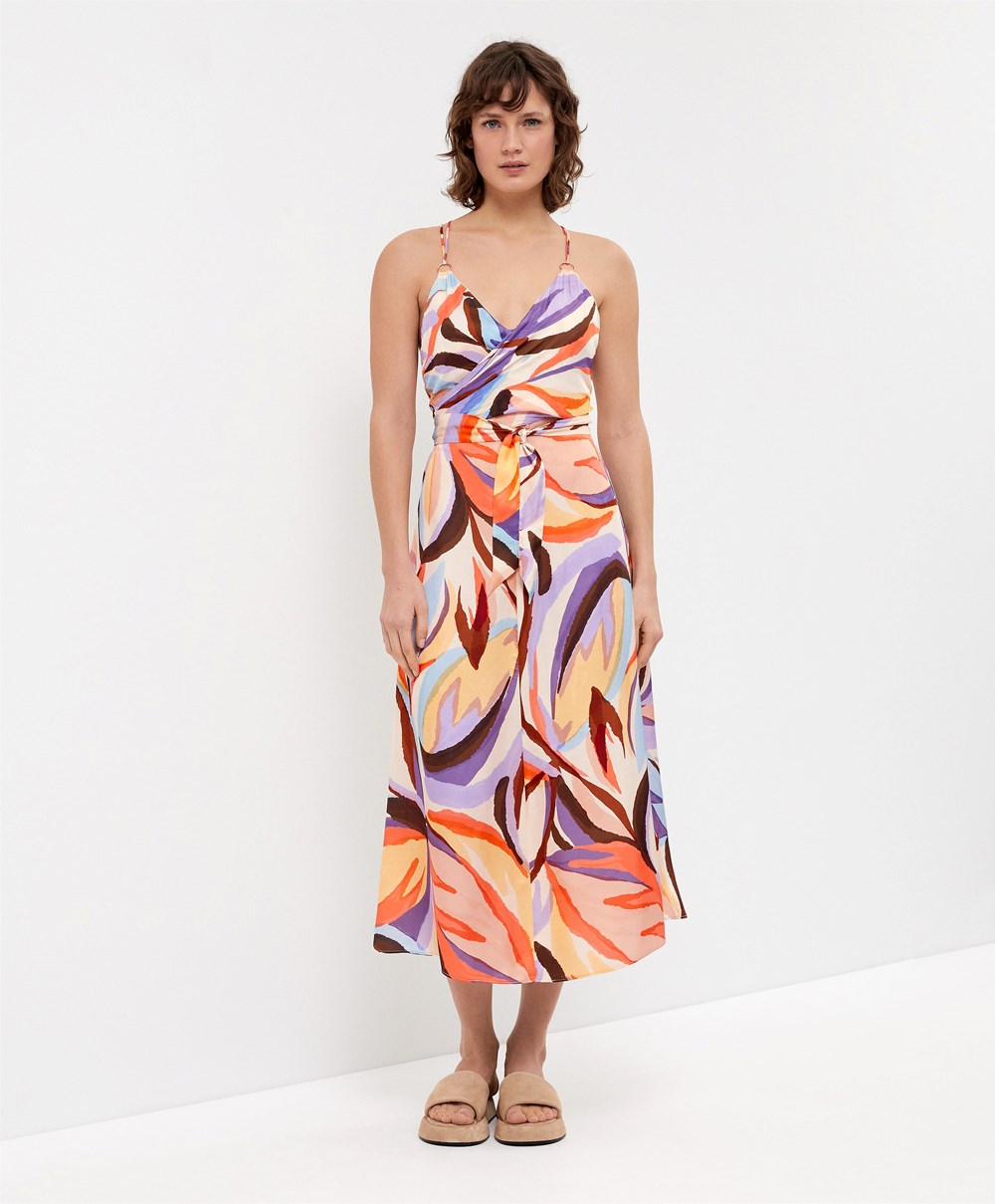 Oysho Satin Printed Pántos Long Ruha Mélylila | PZAIXM-972